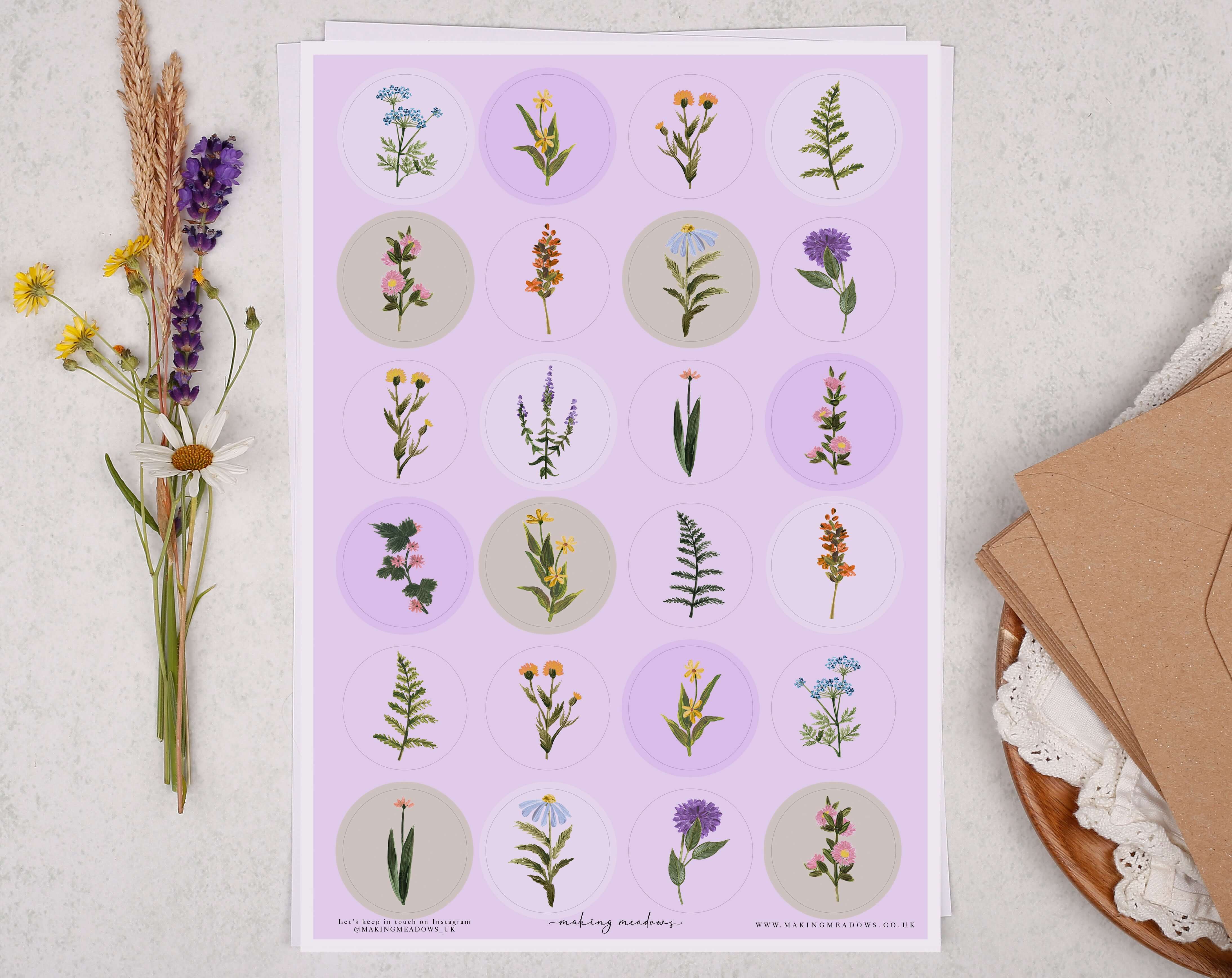 Purple Floral Sticker Sheet. Decorative Stickers designed by Making Meadows