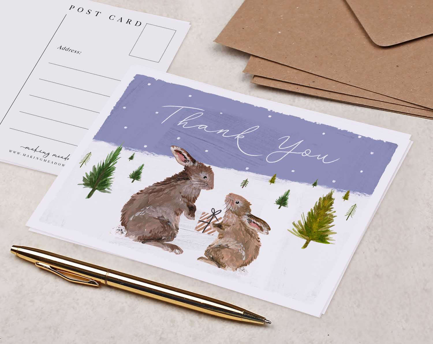 Rabbit Thank You Christmas Postcard. Post Cards designed by Making Meadows