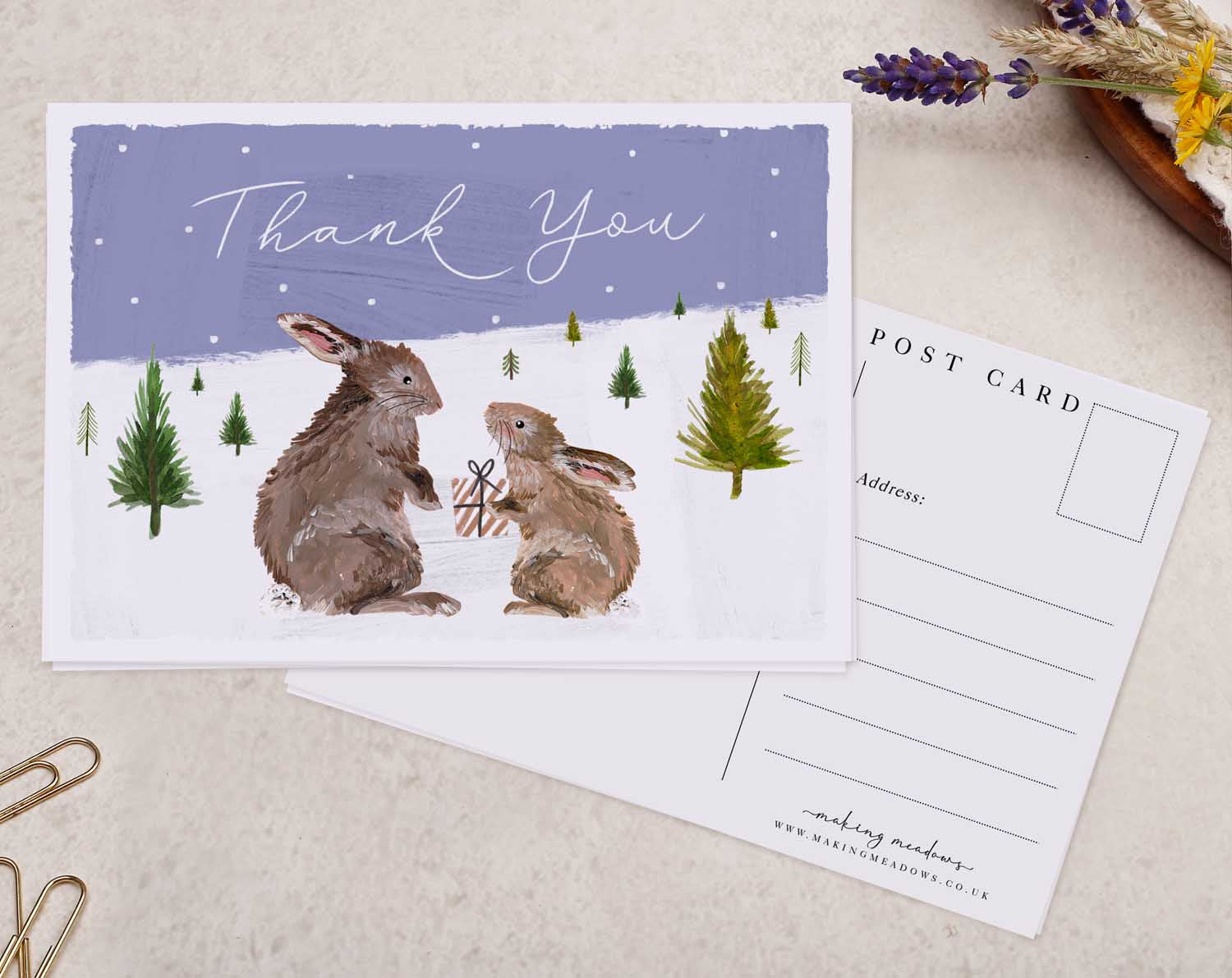 Rabbit Thank You Christmas Postcard. Post Cards designed by Making Meadows