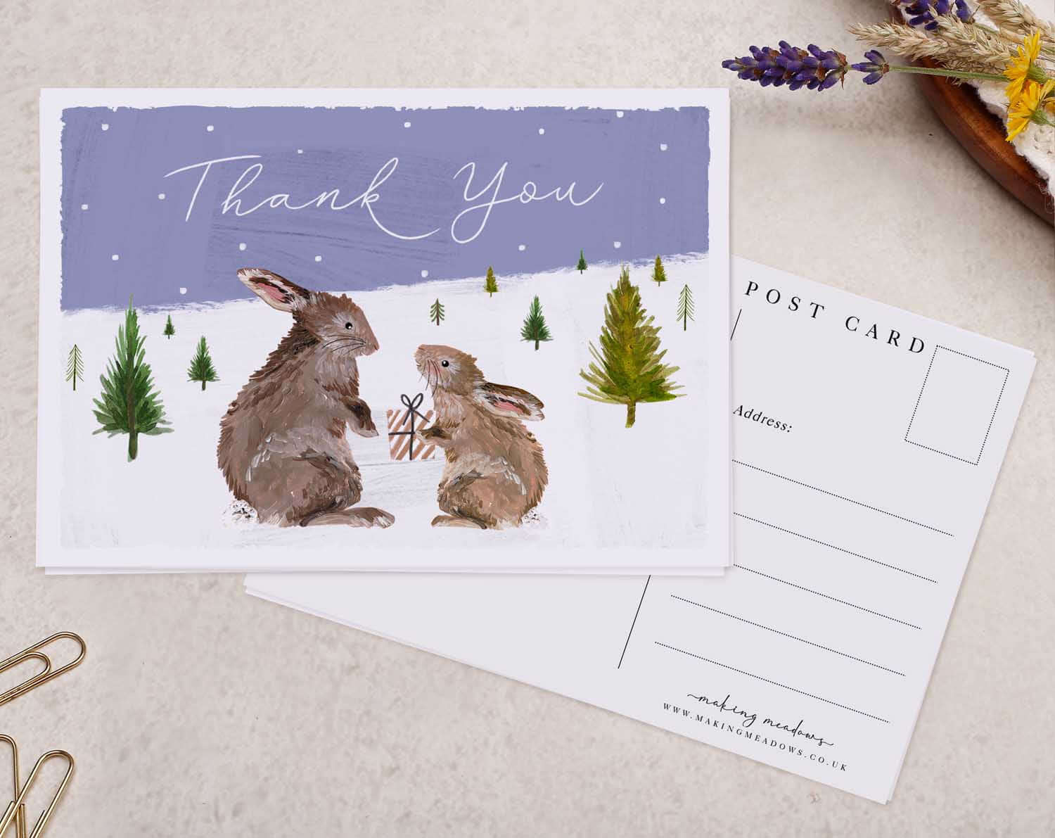 Rabbit Thank You Christmas Postcard. Post Cards designed by Making Meadows