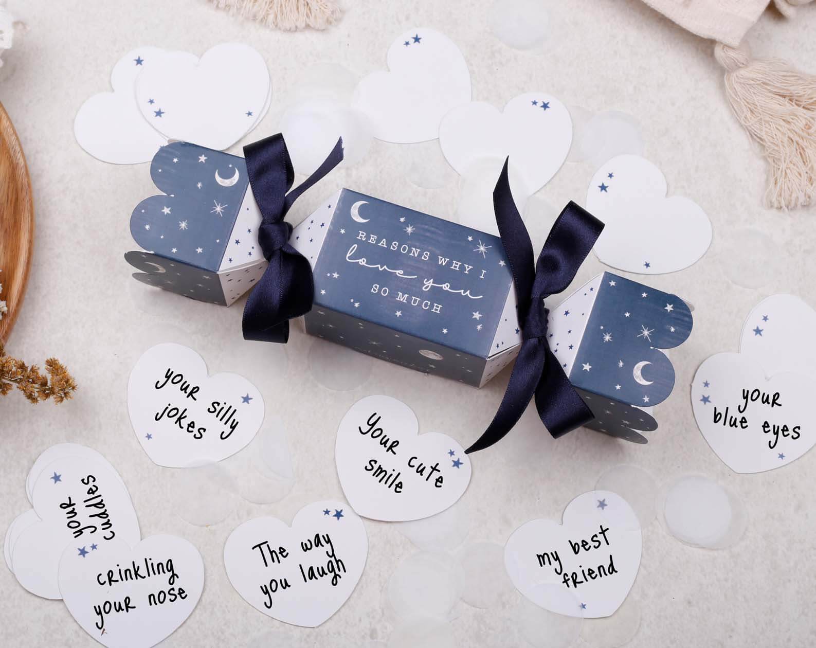 Reasons Why I Love You Surprise Navy Cracker. Stationery designed by Making Meadows