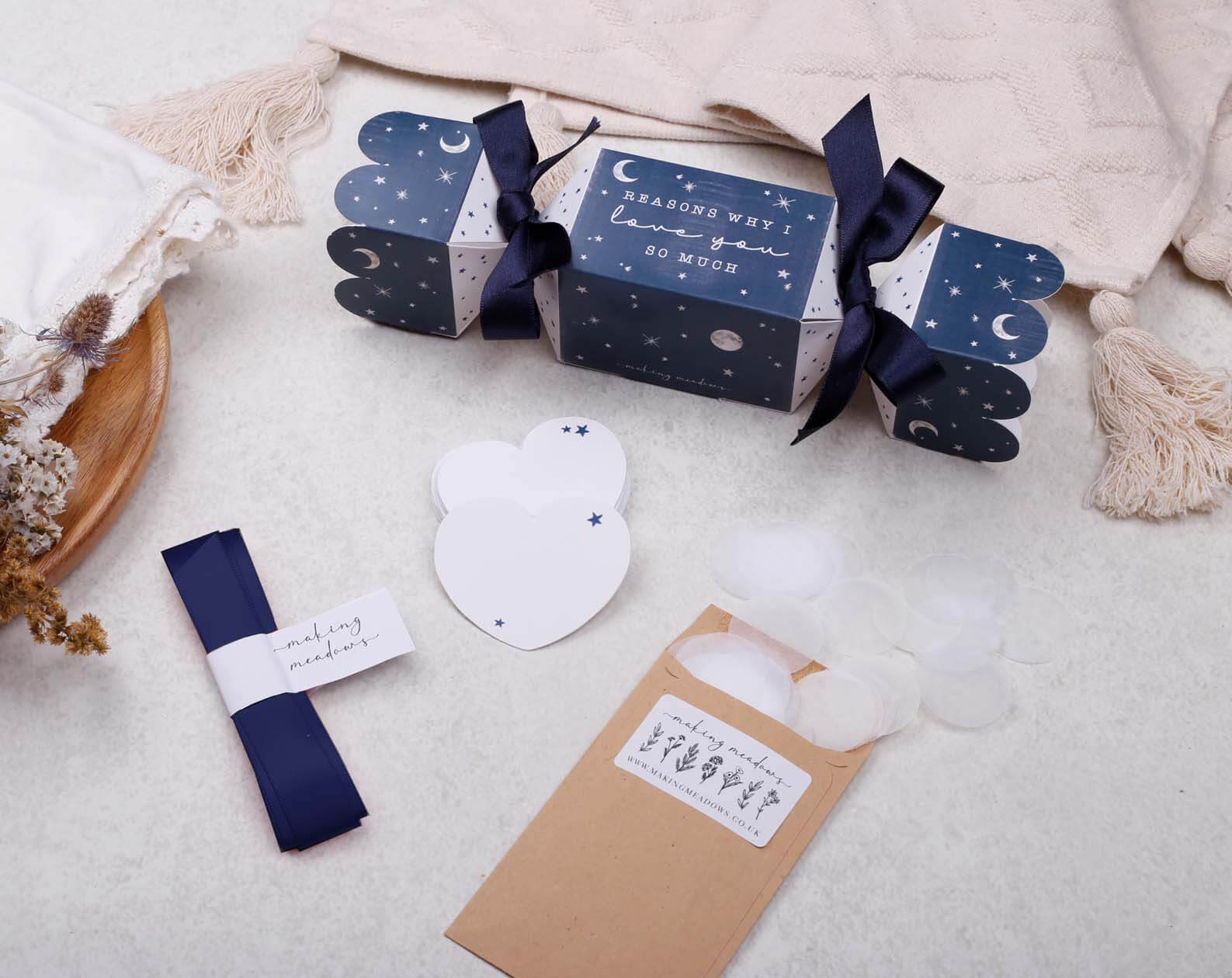 Reasons Why I Love You Surprise Navy Cracker. Stationery designed by Making Meadows