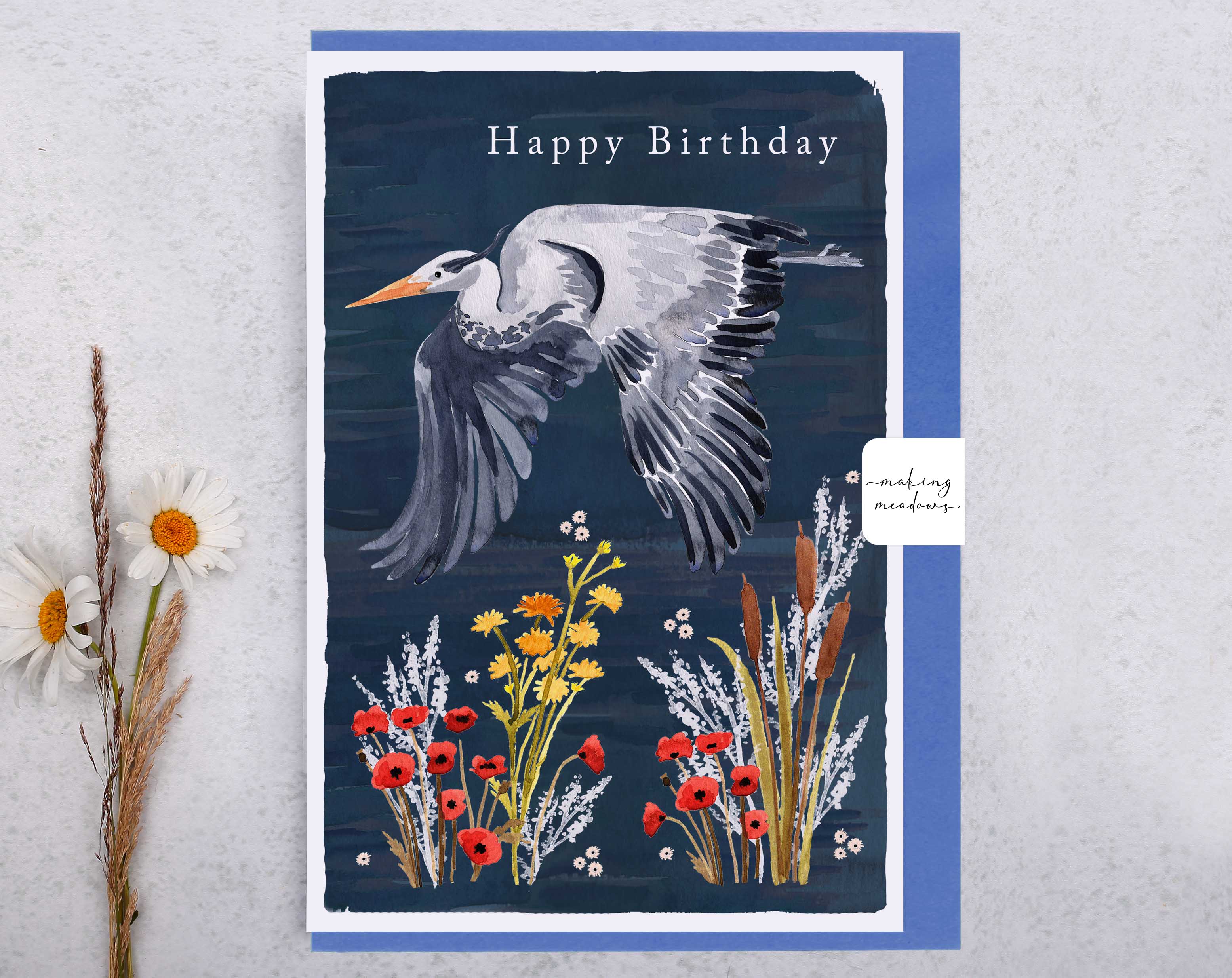 River Wey Happy Birthday Heron Card. Greeting & Note Cards designed by Making Meadows