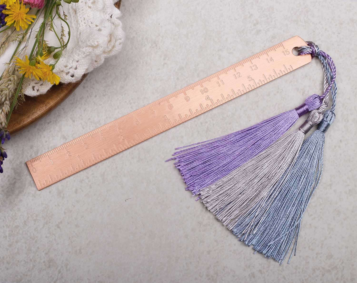 Rose Gold Metal Ruler With Tassels. Rulers designed by Making Meadows