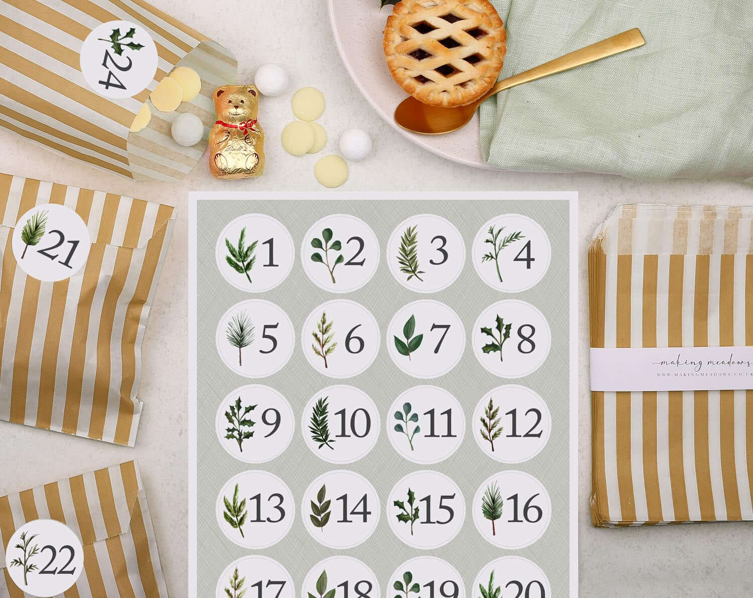 Rustic Christmas Advent Calendar With Bronze Bags. Advent Calendars designed by Making Meadows