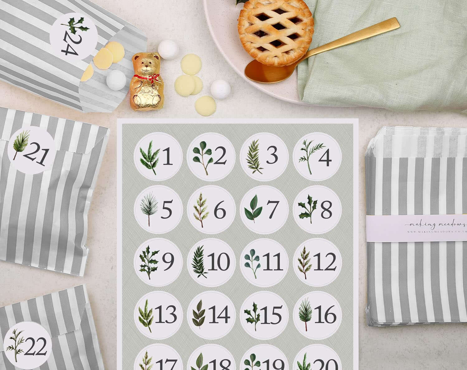 Rustic Christmas Advent Calendar With Silver Bags. Advent Calendars designed by Making Meadows