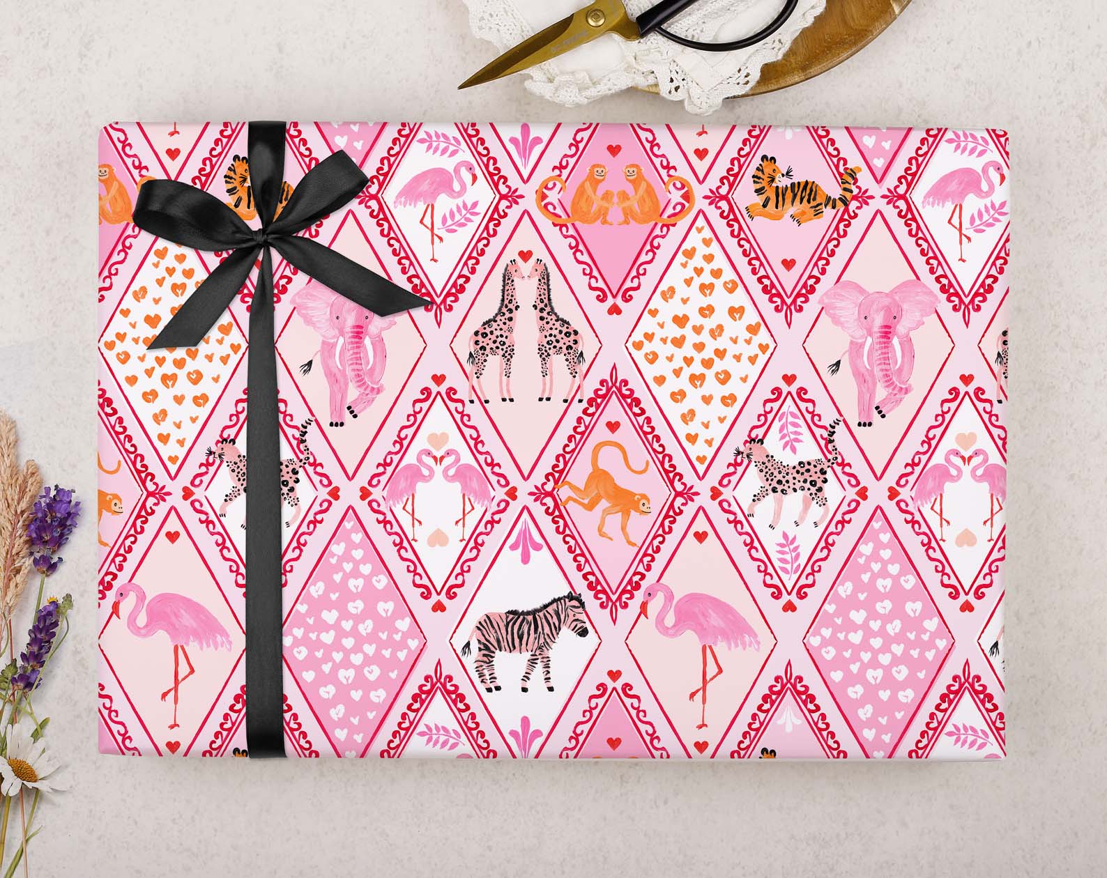 Safari Animals Valentine Wrapping Paper. Wrapping Paper designed by Making Meadows