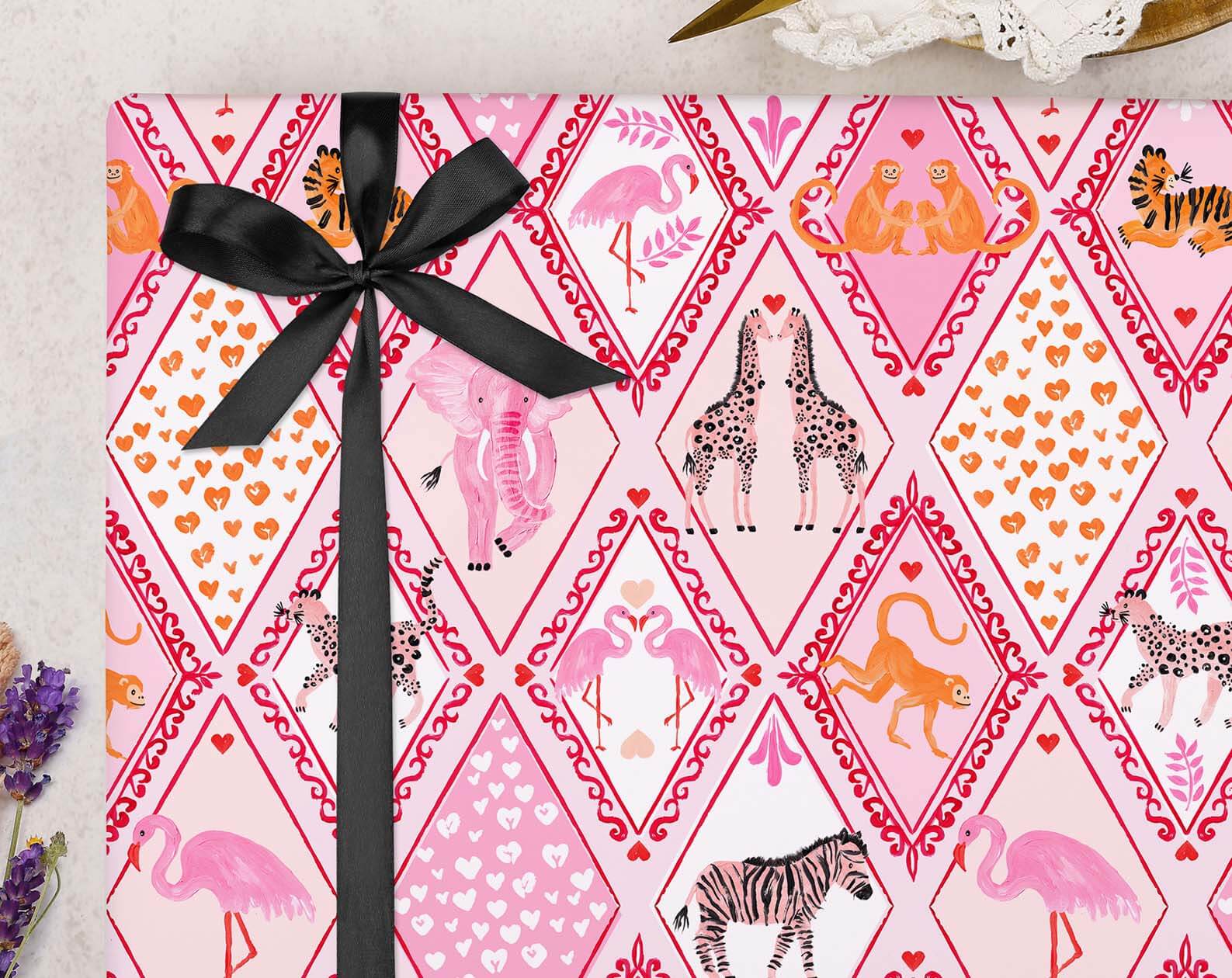 Safari Animals Valentine Wrapping Paper. Wrapping Paper designed by Making Meadows