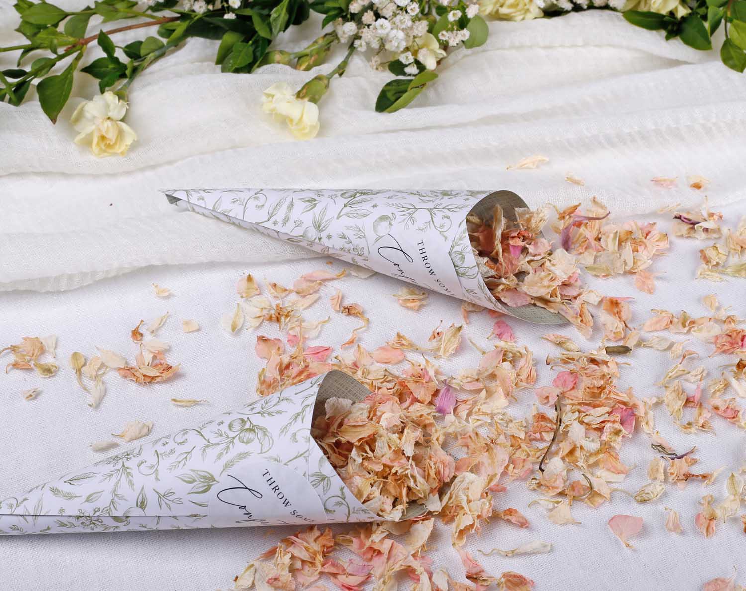 Sage Garden Wedding Confetti Cones displayed with dried flower petals