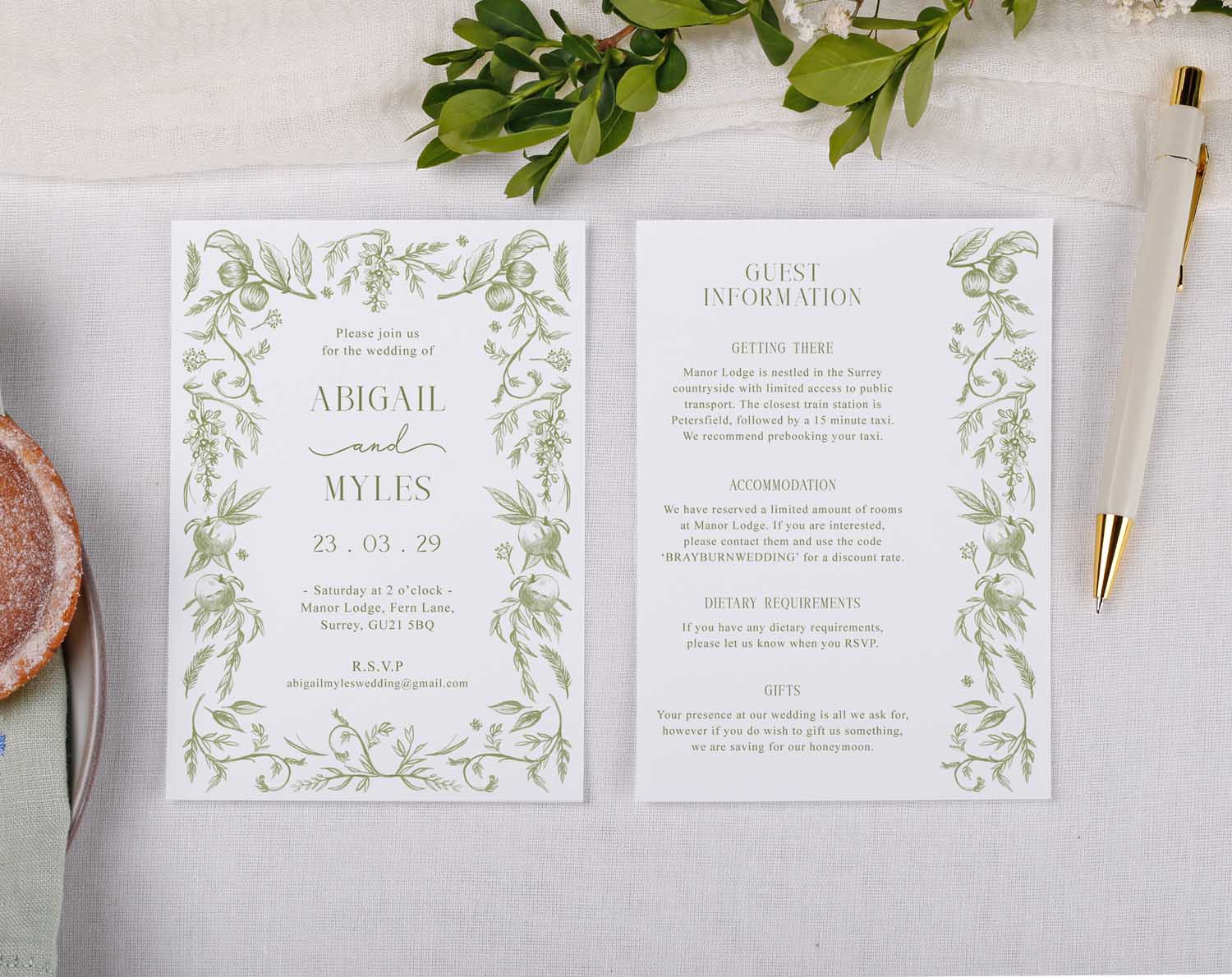 Sage Garden Wedding Information Cards displaying guest information and invitation details with greenery design.