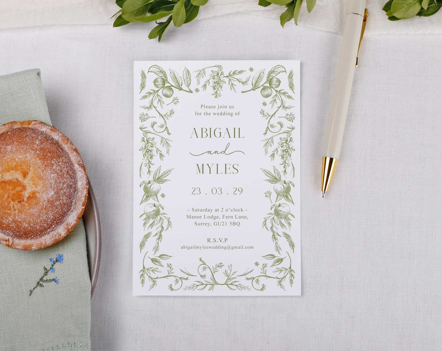 Sage Garden Wedding Invitations featuring elegant floral design and personalised details for a romantic celebration.