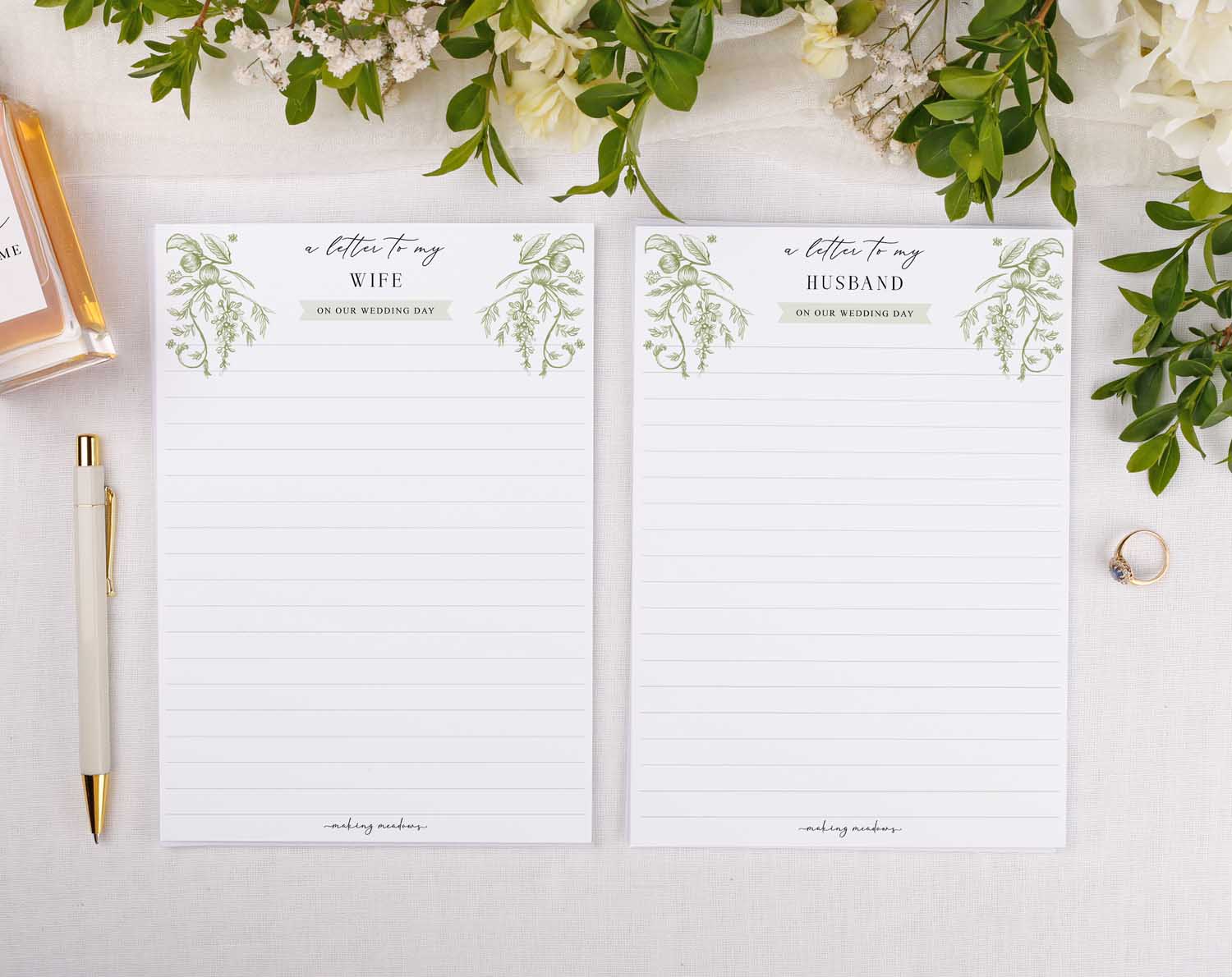 Sage Garden Wedding Letter to My Wife kit featuring letter stationery for wife and husband with botanical design.