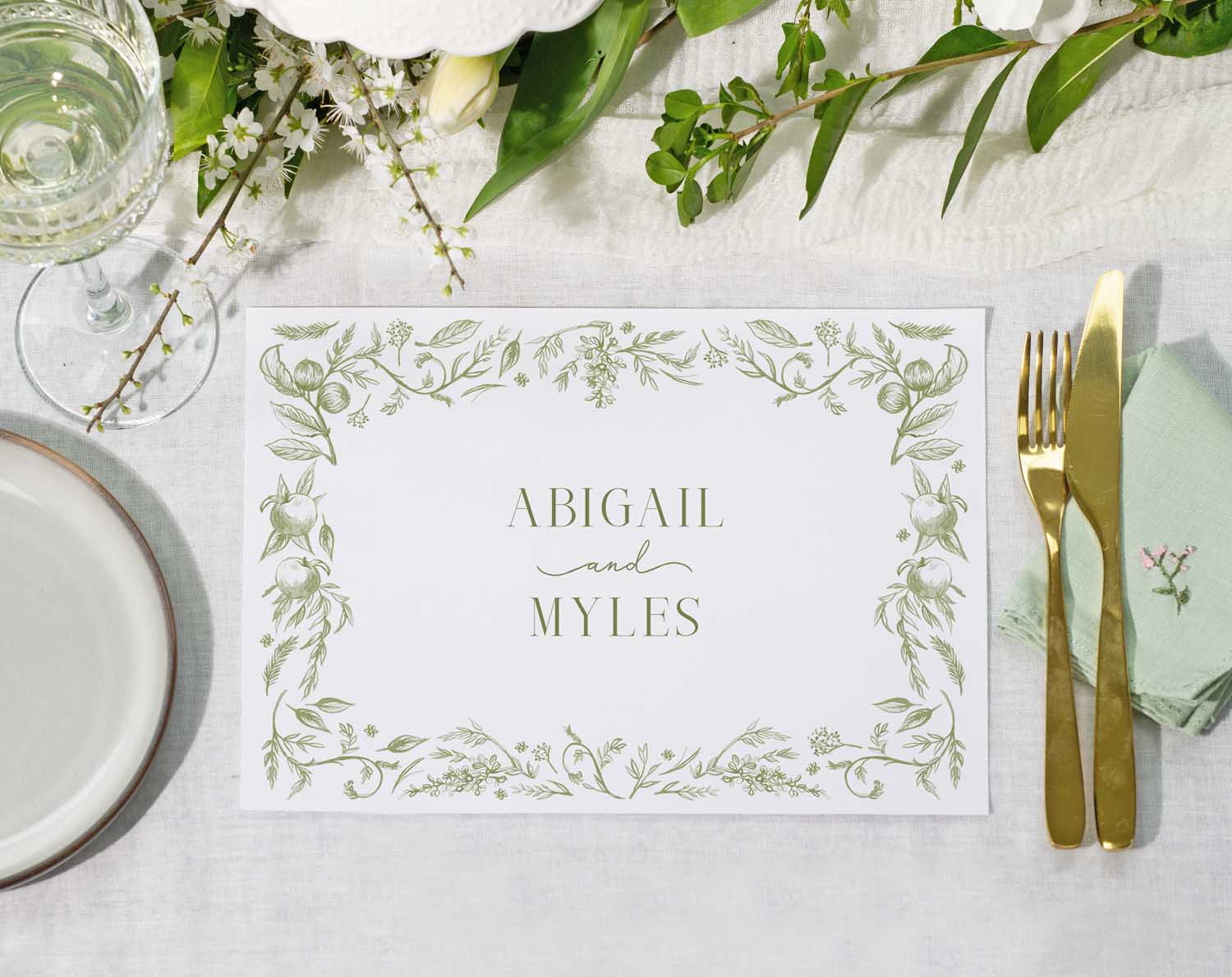 Sage Garden Wedding Placemats featuring elegant design with green florals and botanicals.
