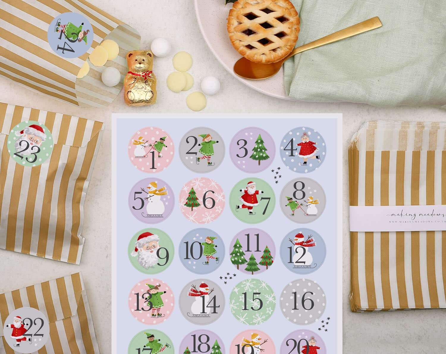 Santa Christmas Advent Calendar With Bronze Bags. Advent Calendars designed by Making Meadows