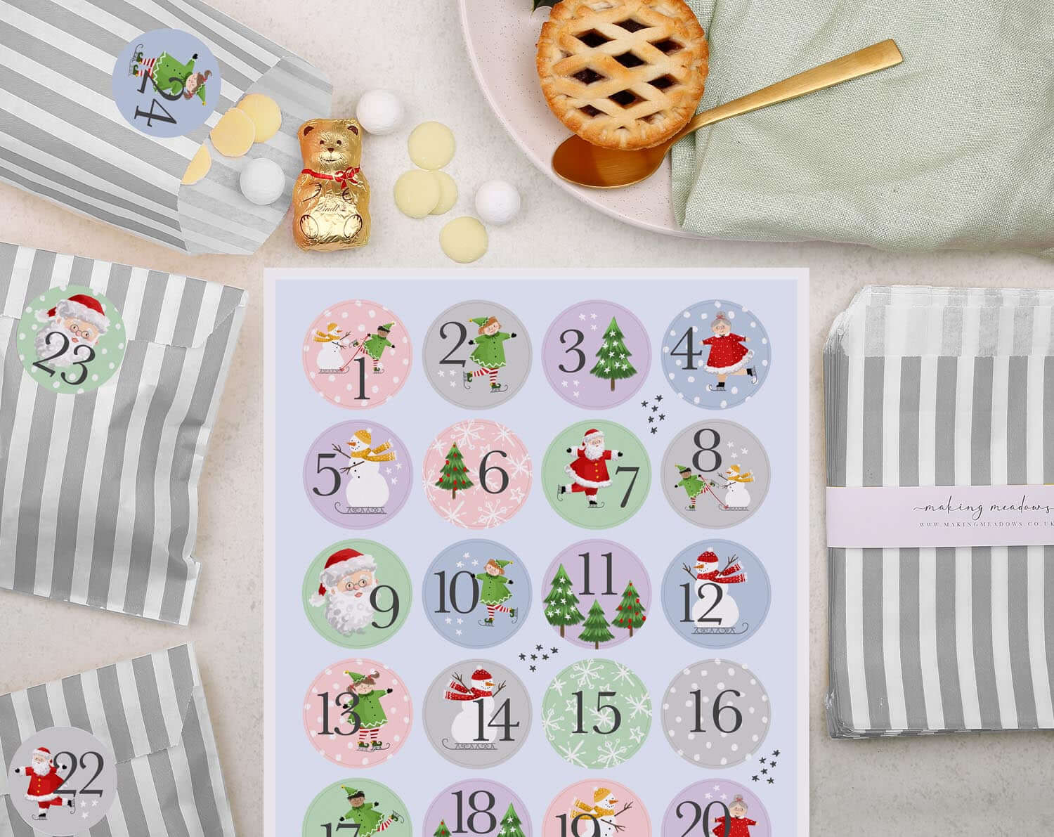 Santa Christmas Advent Calendar With Silver Bags. Advent Calendars designed by Making Meadows