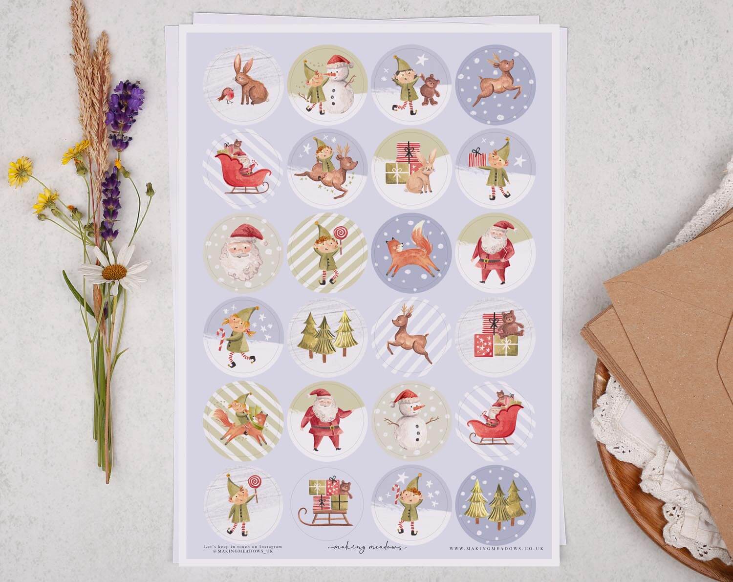 Santa and Festive Elf Christmas Sticker Sheet. Decorative Stickers designed by Making Meadows