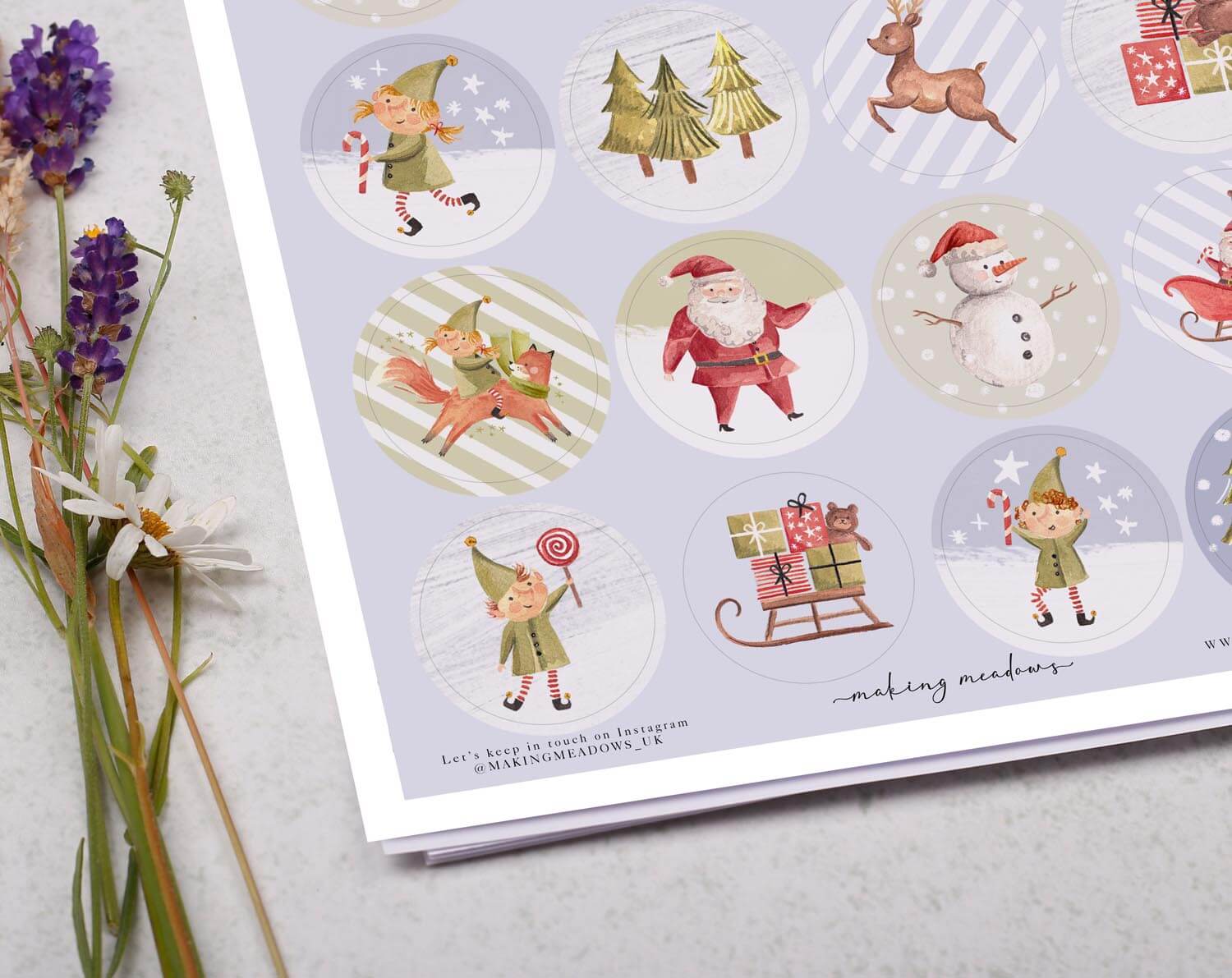 Santa and Festive Elf Christmas Sticker Sheet. Decorative Stickers designed by Making Meadows