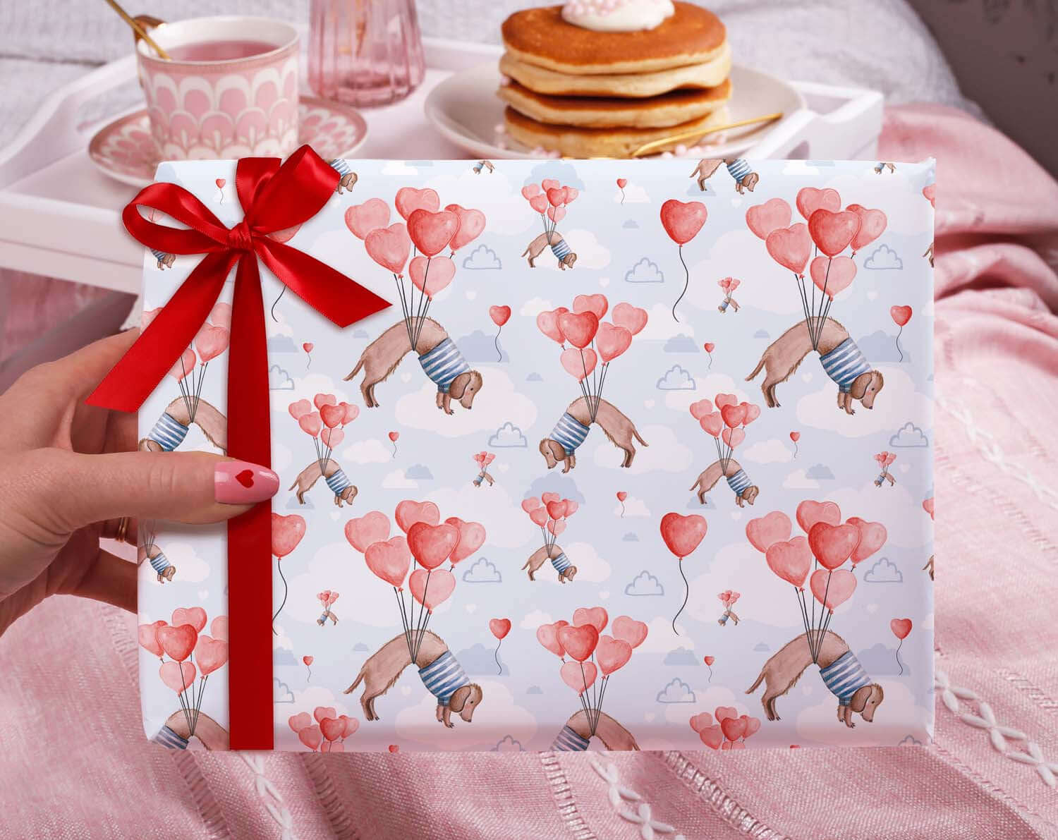 Sausage Dog With Heart Balloon Wrapping Paper. Wrapping Paper designed by Making Meadows