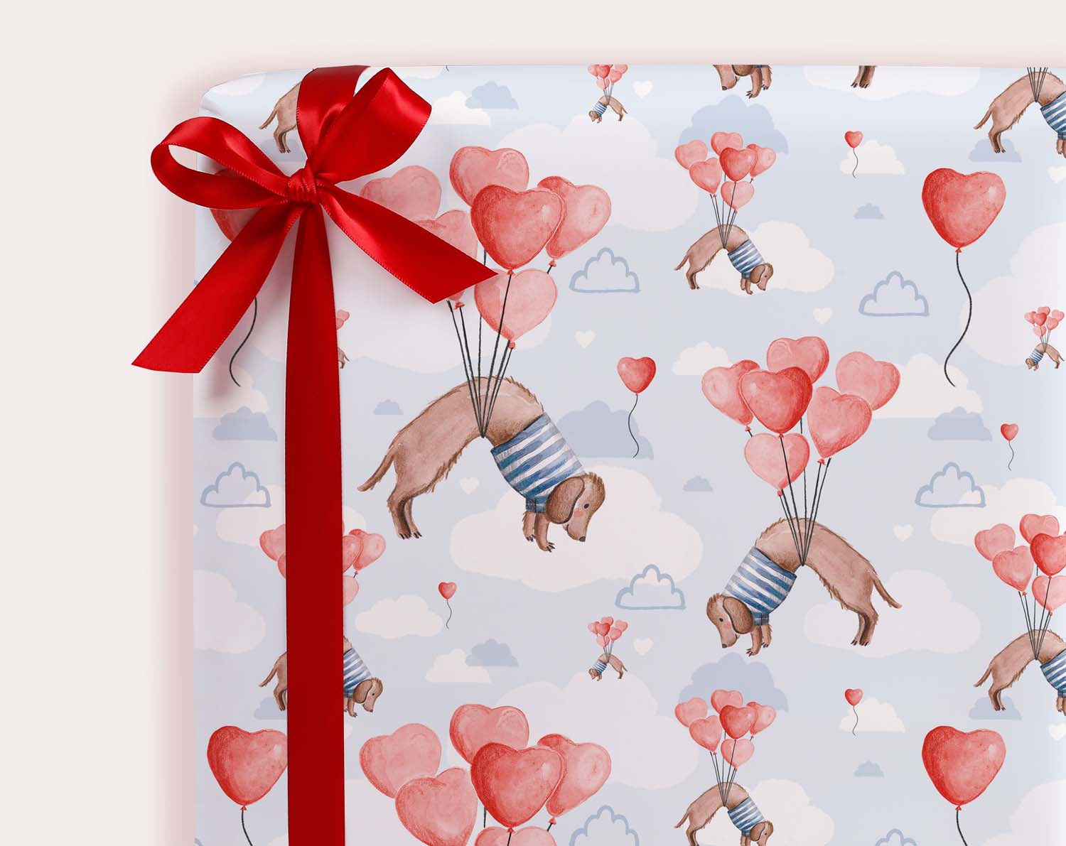 Sausage Dog With Heart Balloon Wrapping Paper. Wrapping Paper designed by Making Meadows