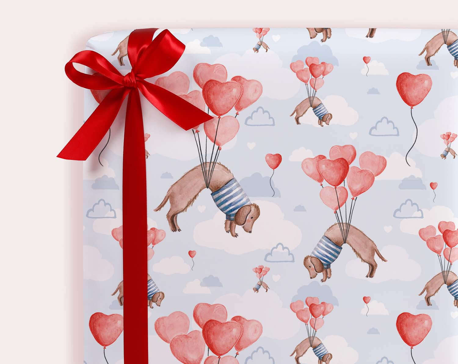 Sausage Dog With Heart Balloon Wrapping Paper. Wrapping Paper designed by Making Meadows