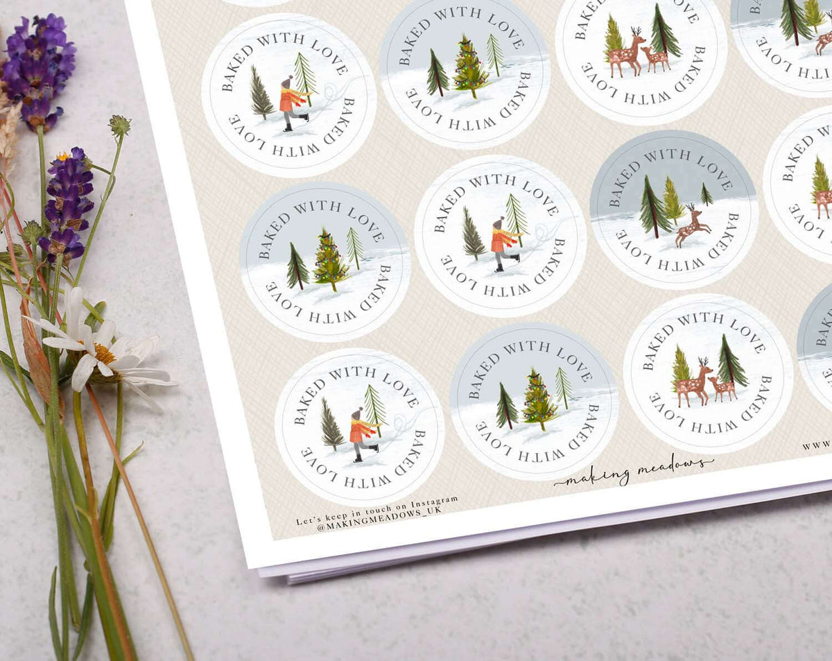 Scandi Christmas Baked With Love Stickers featuring woodland scenes and festive designs for holiday packaging.