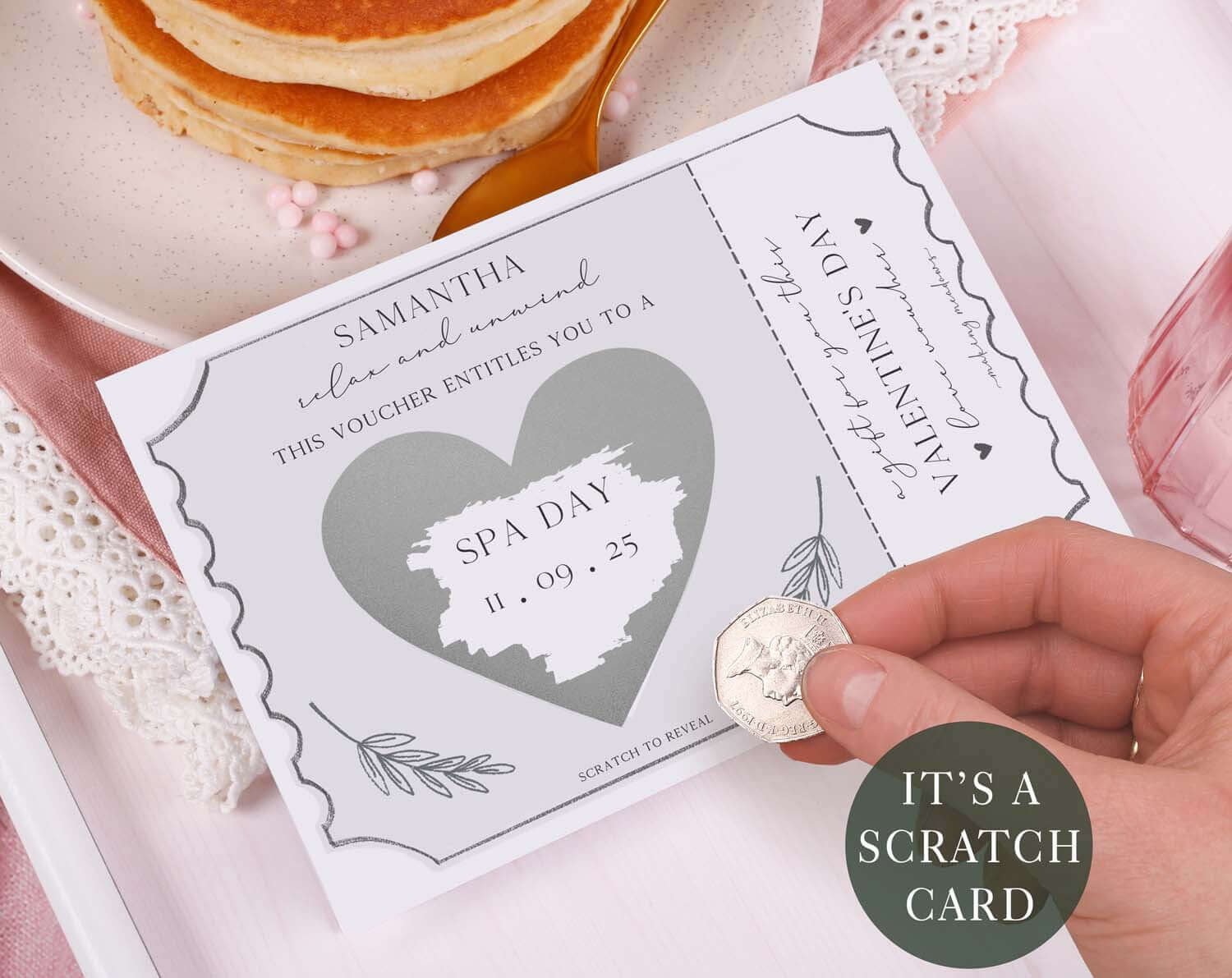 Silver Surprise Spa Gift Reveal Scratch Card. Greeting & Note Cards designed by Making Meadows