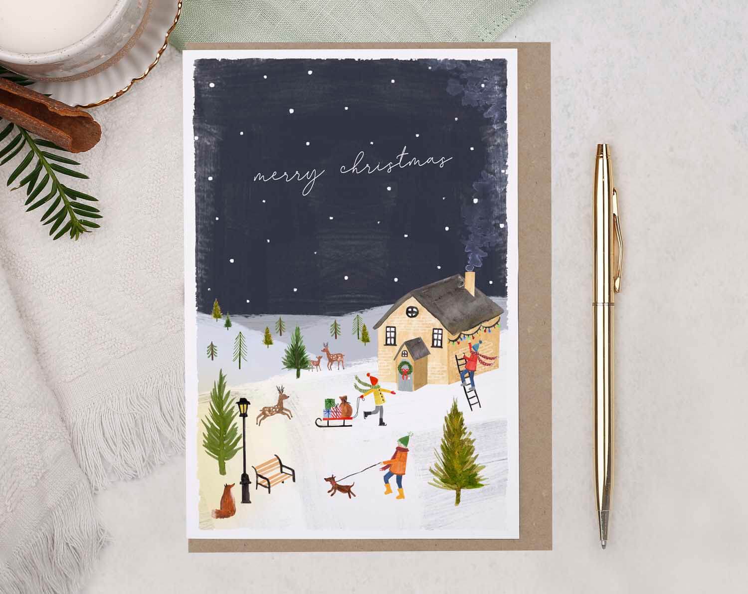 Snow Cottage Merry Christmas Card. Greeting & Note Cards designed by Making Meadows