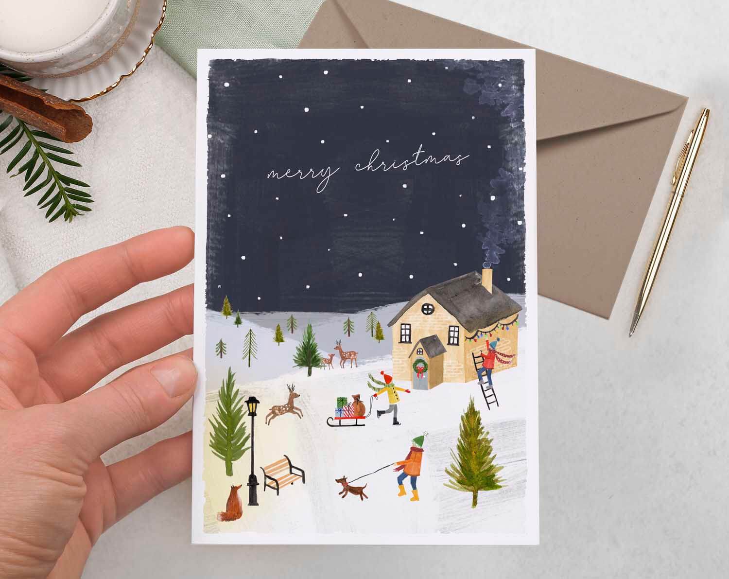 Snow Cottage Merry Christmas Card. Greeting & Note Cards designed by Making Meadows