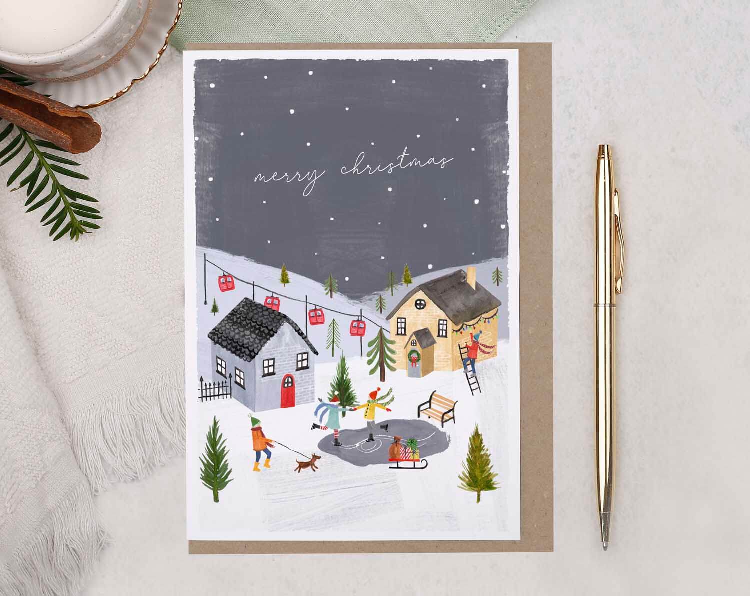 Snow Village Merry Christmas Card. Greeting & Note Cards designed by Making Meadows