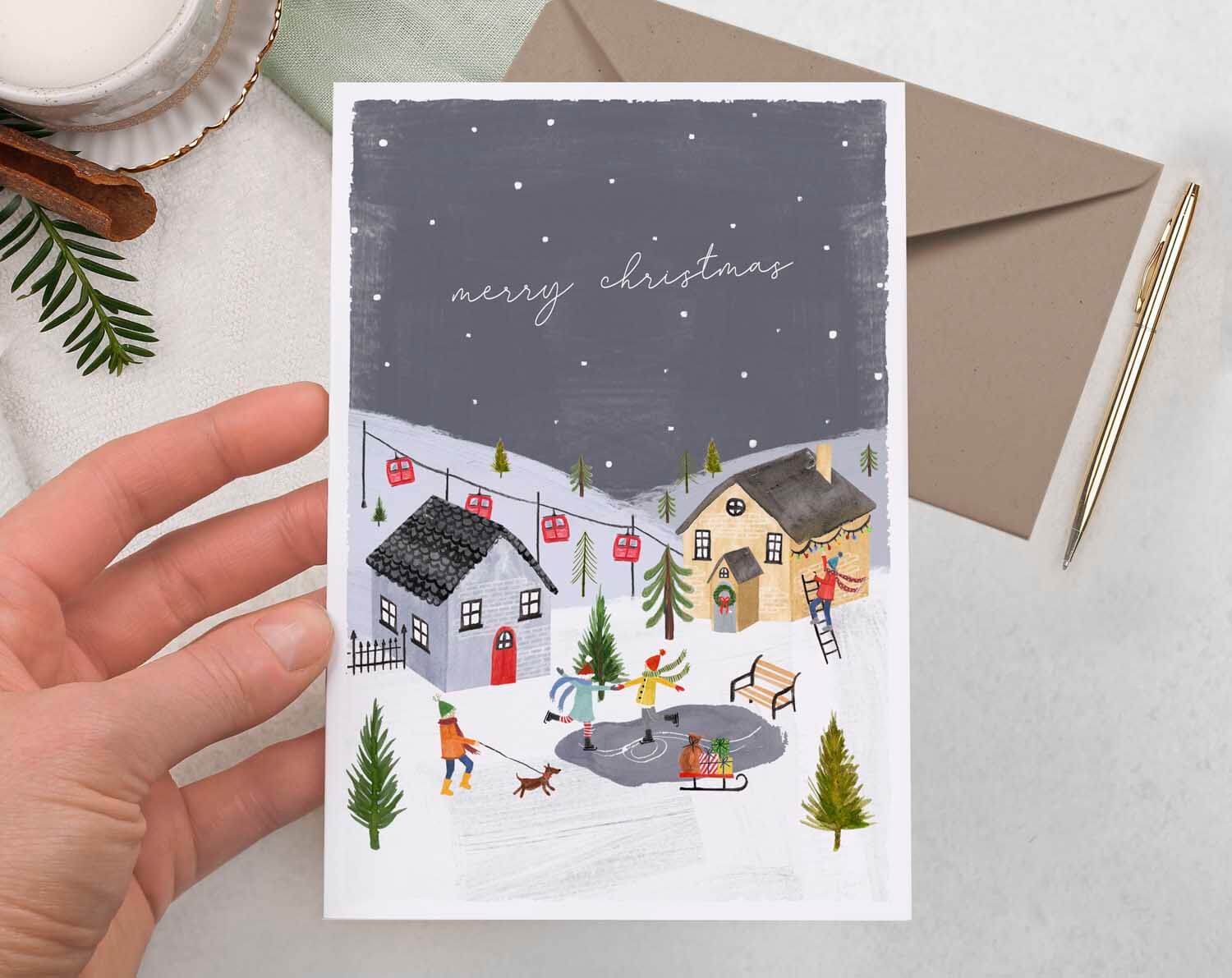 Snow Village Merry Christmas Card. Greeting & Note Cards designed by Making Meadows