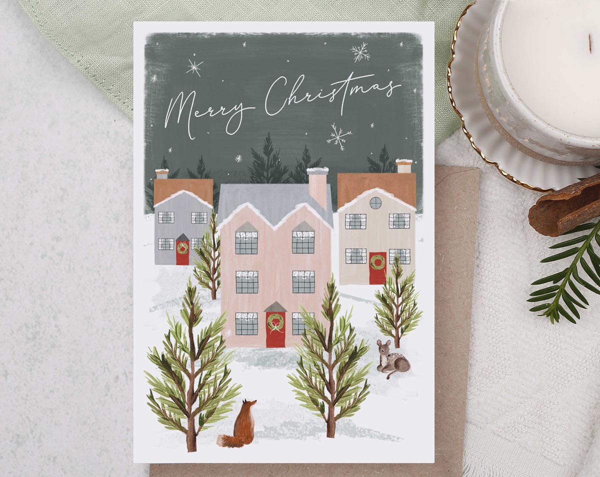 Snowy Village Merry Christmas Card. Greeting & Note Cards designed by Making Meadows