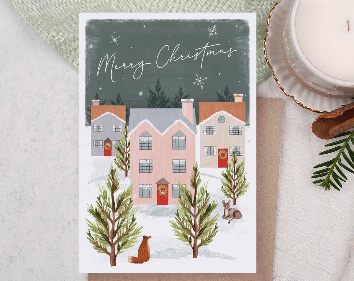 Snowy Village Merry Christmas Card. Greeting & Note Cards designed by Making Meadows