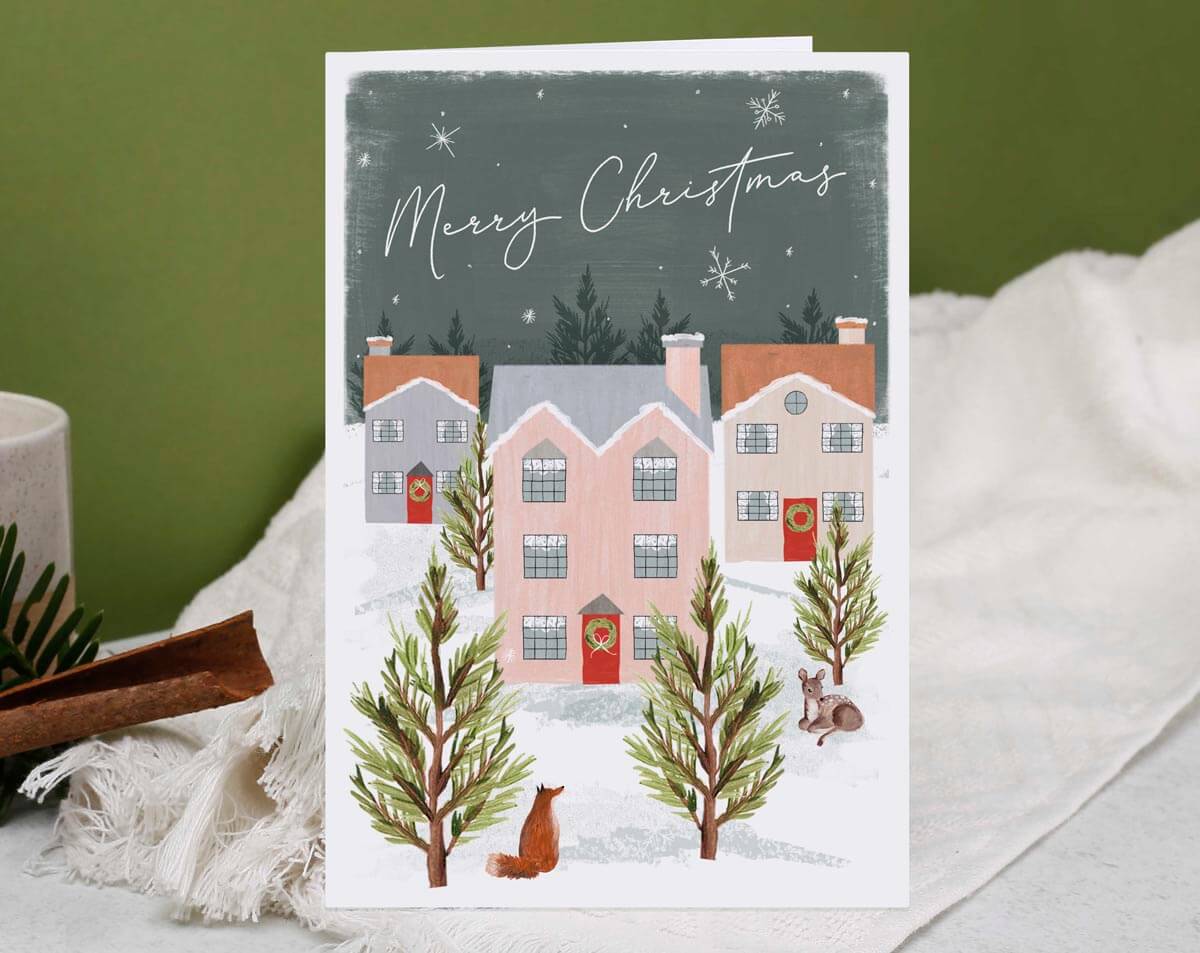 Snowy Village Merry Christmas Card. Greeting & Note Cards designed by Making Meadows