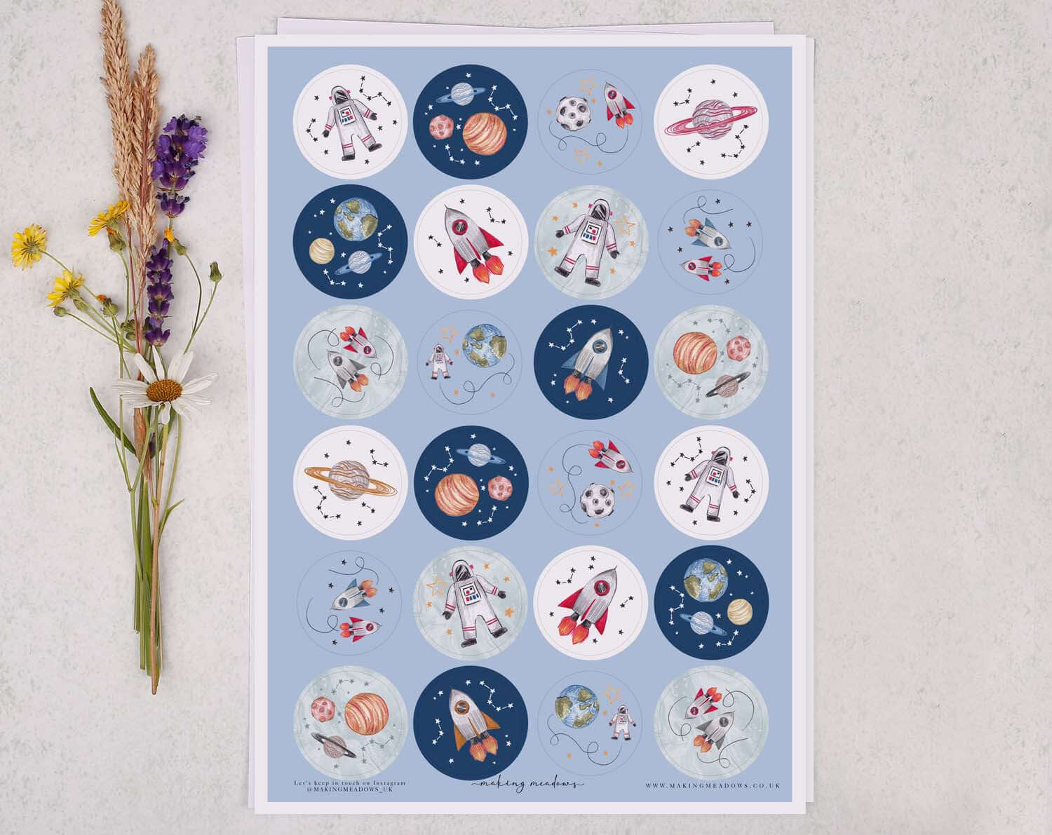 Colorful Space A4 Sticker Sheet featuring rockets, planets, and astronauts, perfect for kids' crafts and decorating.