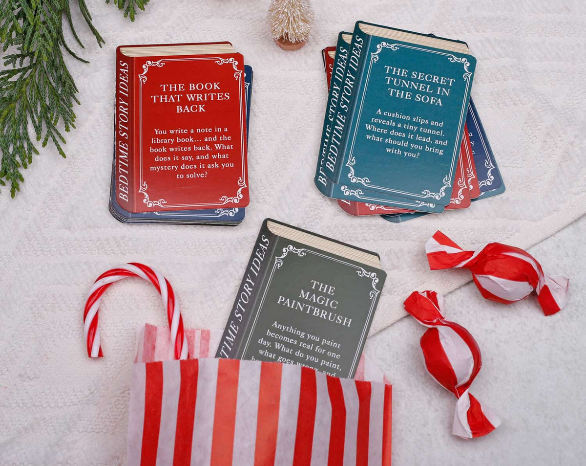 Story Book Idea Advent Calendar with colorful story cards on a festive background, offering creative bedtime stories.