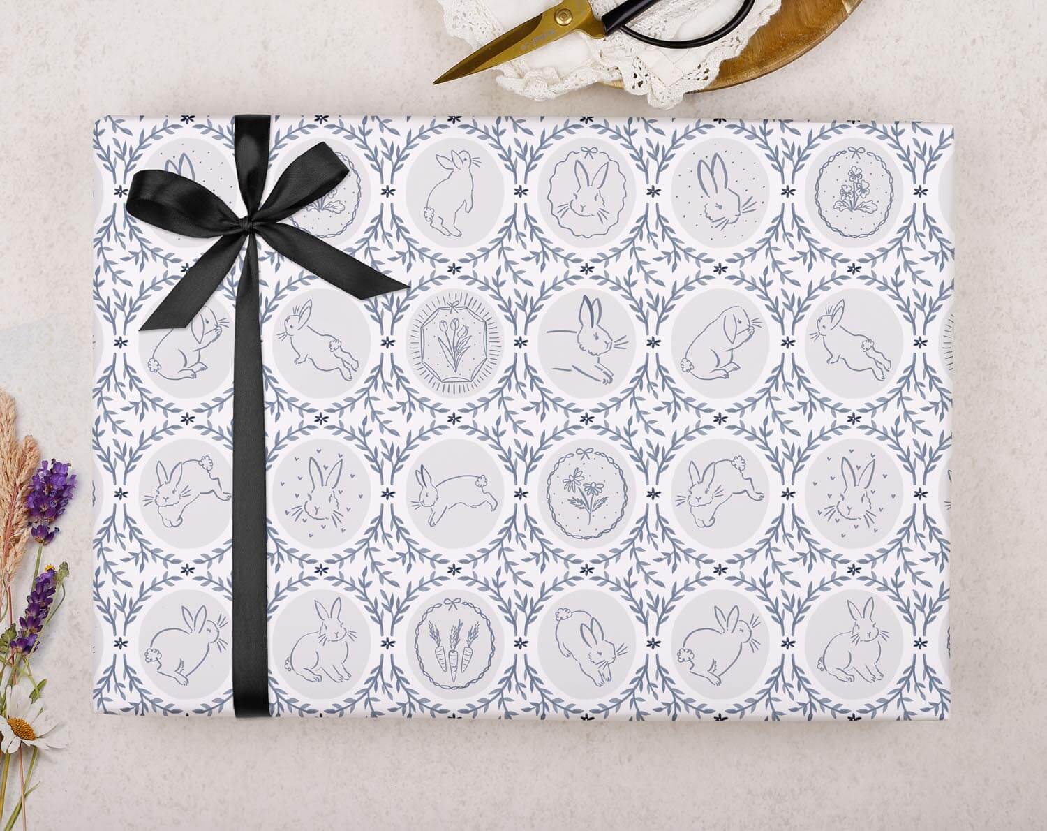Traditional Bunny Wrapping Paper Blue. Wrapping Paper designed by Making Meadows