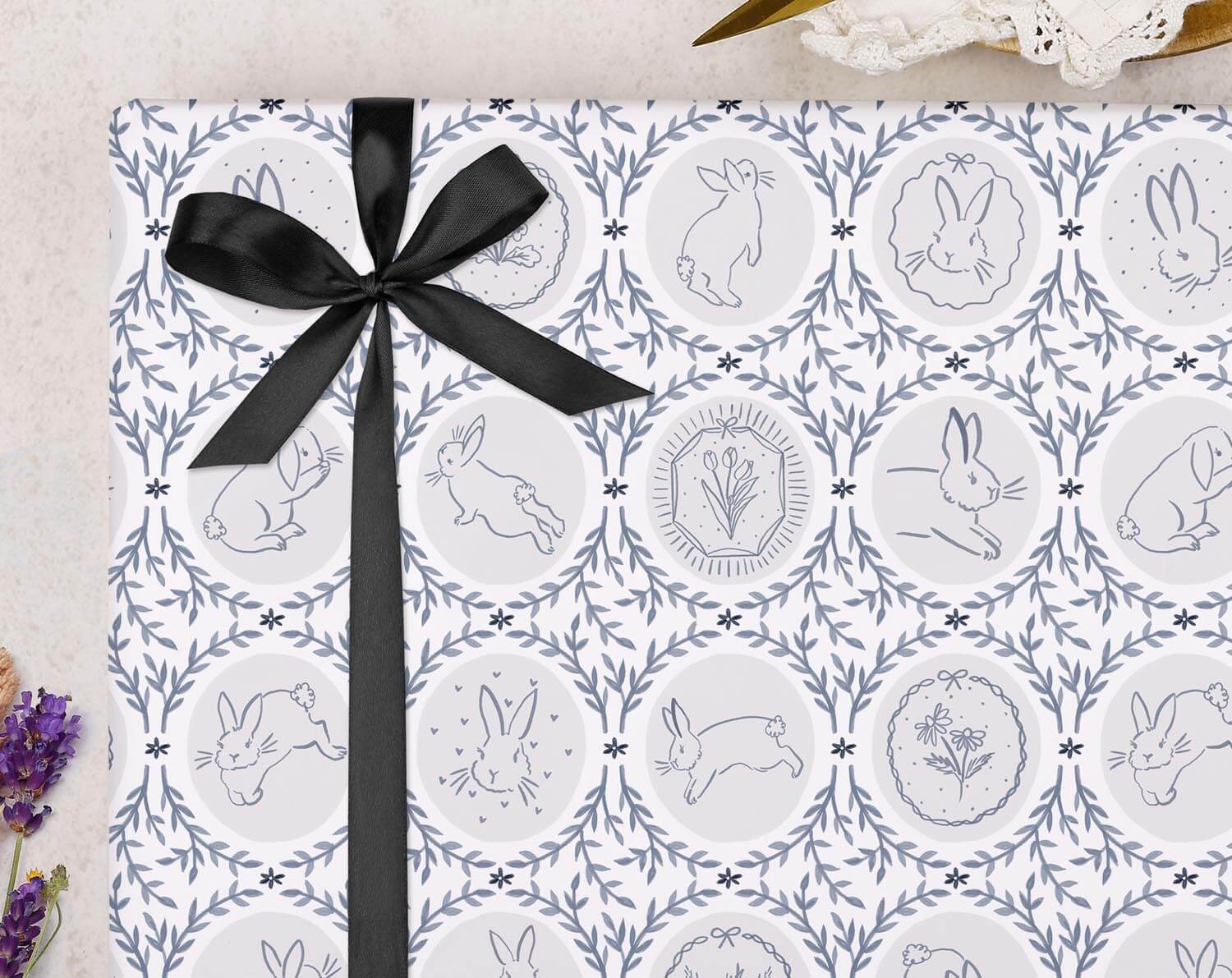 Traditional Bunny Wrapping Paper Blue. Wrapping Paper designed by Making Meadows