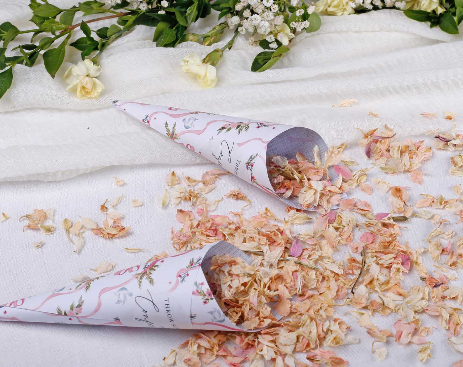 Vintage Wedding Confetti Cones with floral design and dried petals