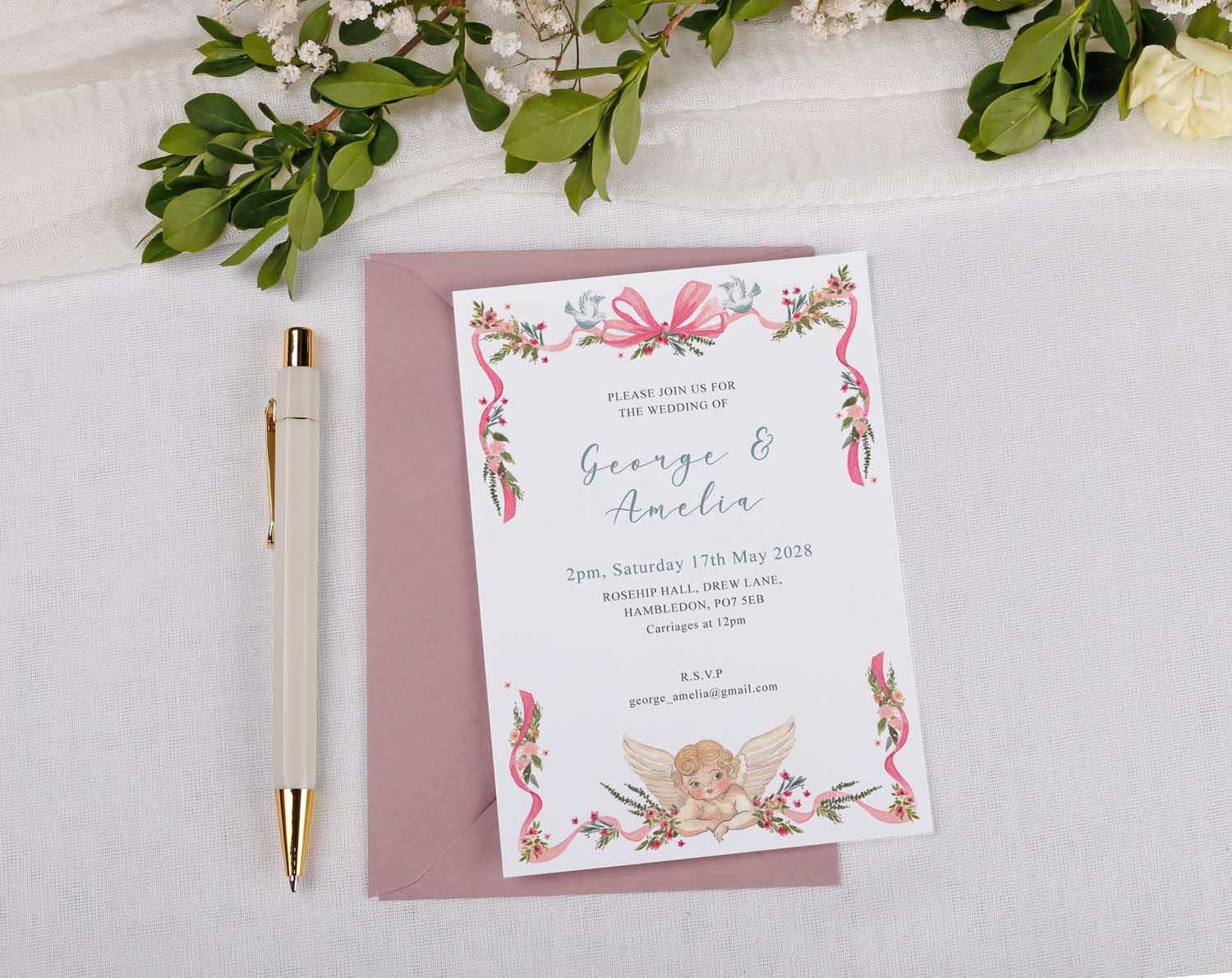 Vintage Wedding Invitations Personalised with floral design and elegant script for a classical wedding.