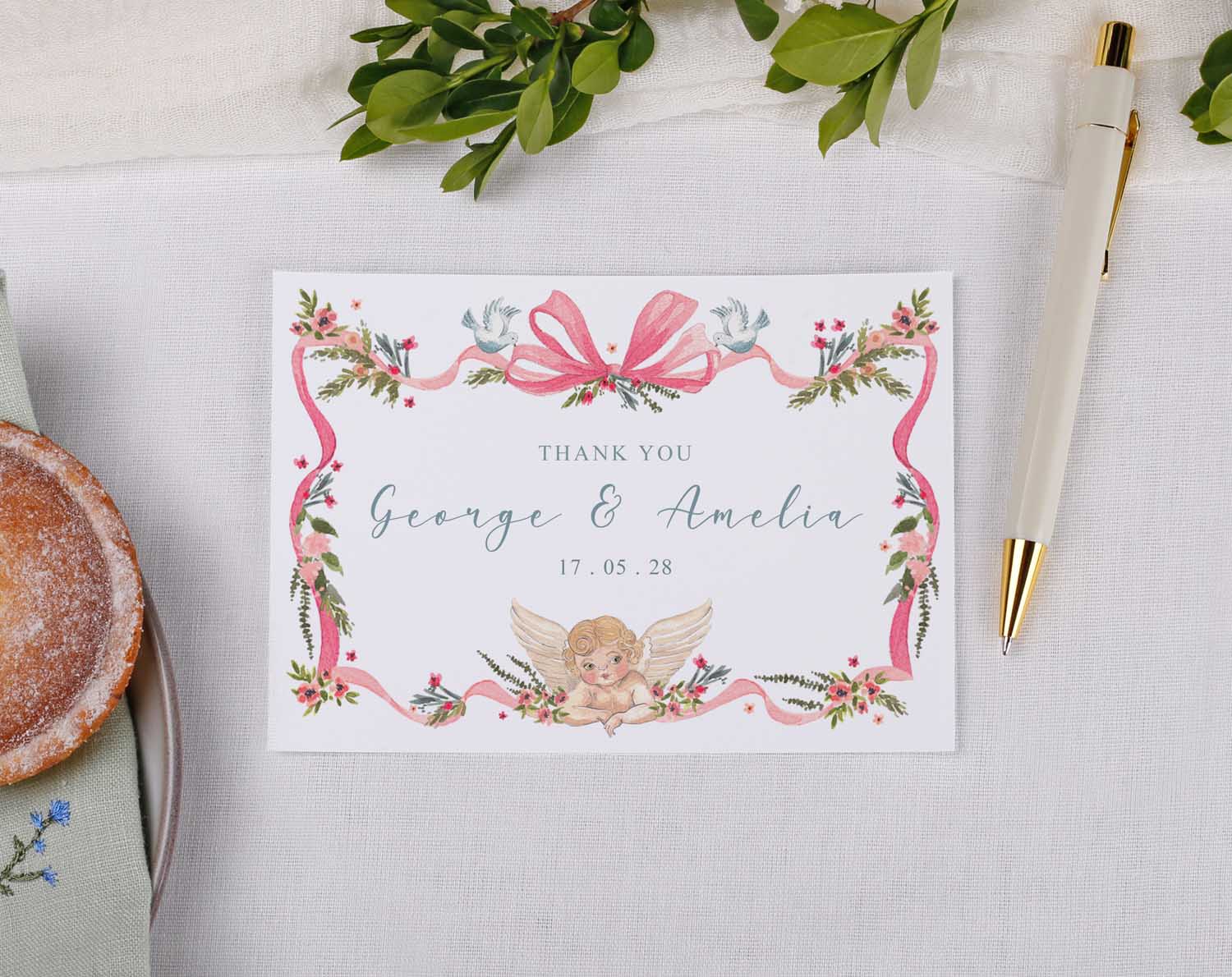Vintage Wedding Thank You Postcards featuring floral design and personalized message for George & Amelia.