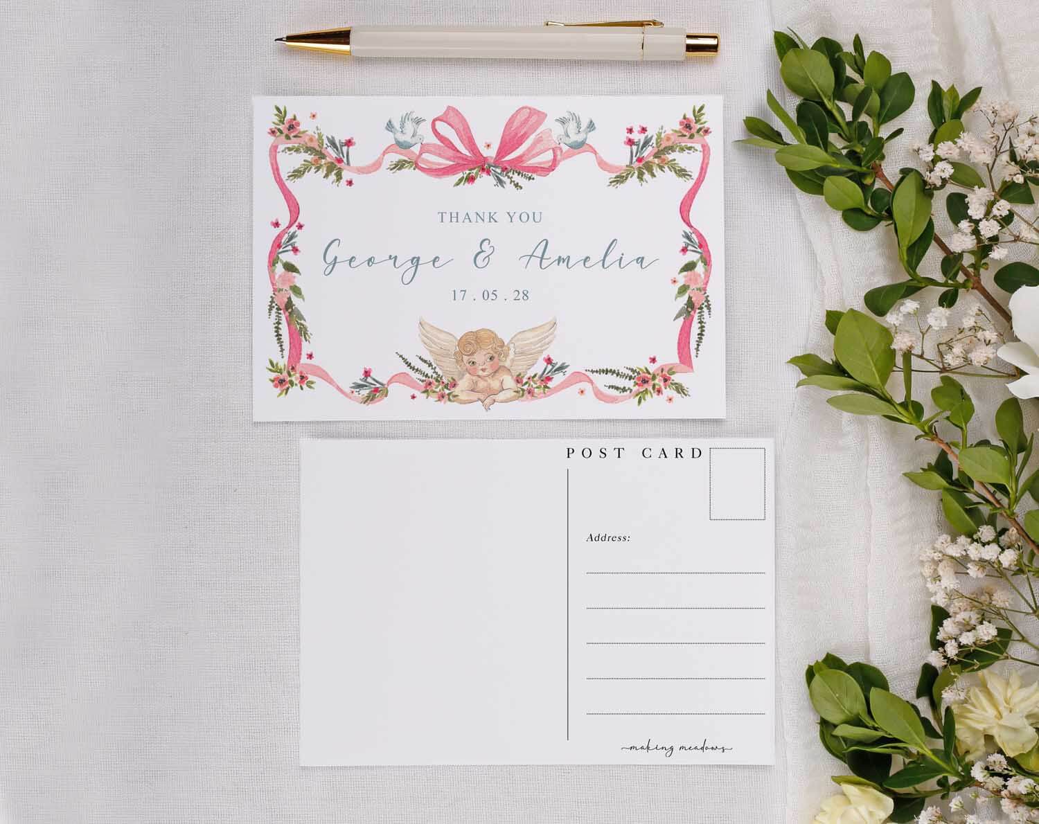 Vintage Wedding Thank You Postcards featuring floral design, cherub illustration, and elegant pink ribbon detail.
