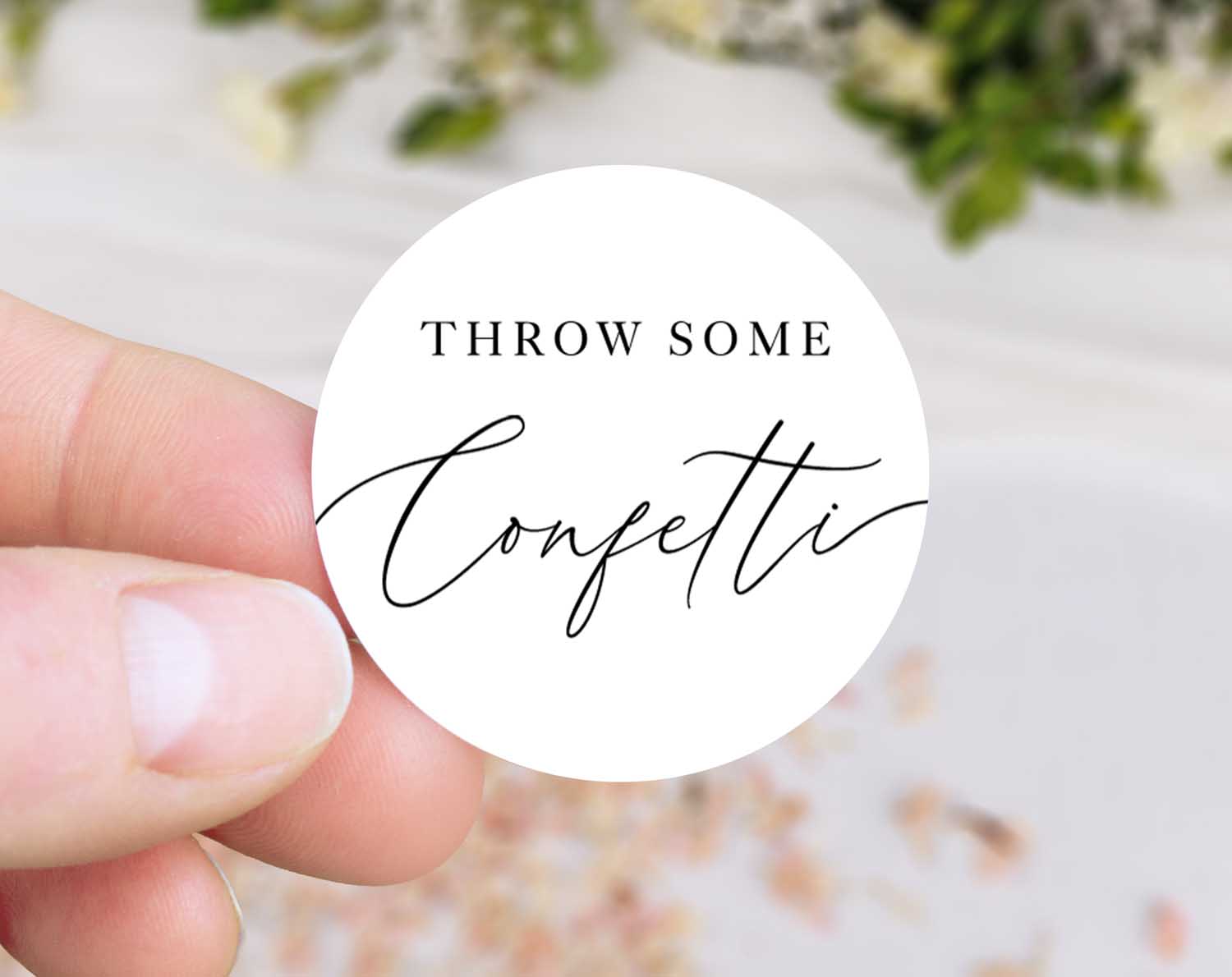 Wedding Confetti Stickers with elegant calligraphy on a white circle background.