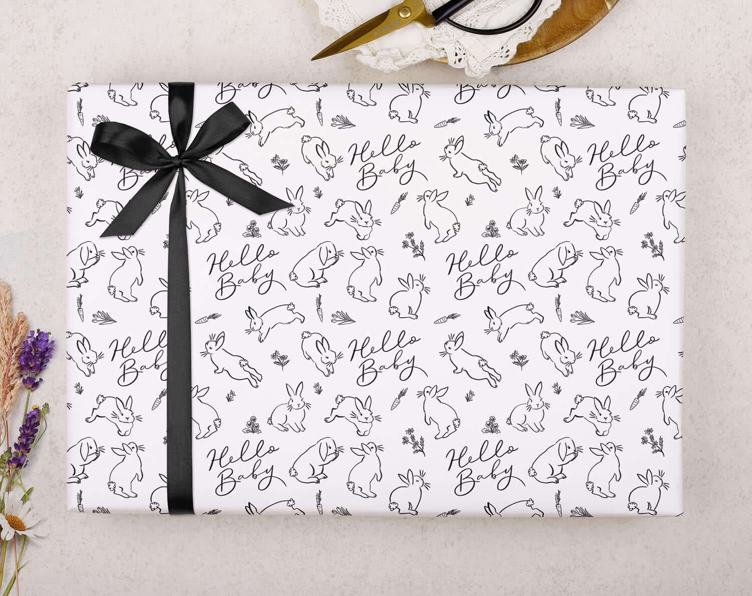 White & Black Baby Shower Bunny Wrapping Paper. Wrapping Paper designed by Making Meadows