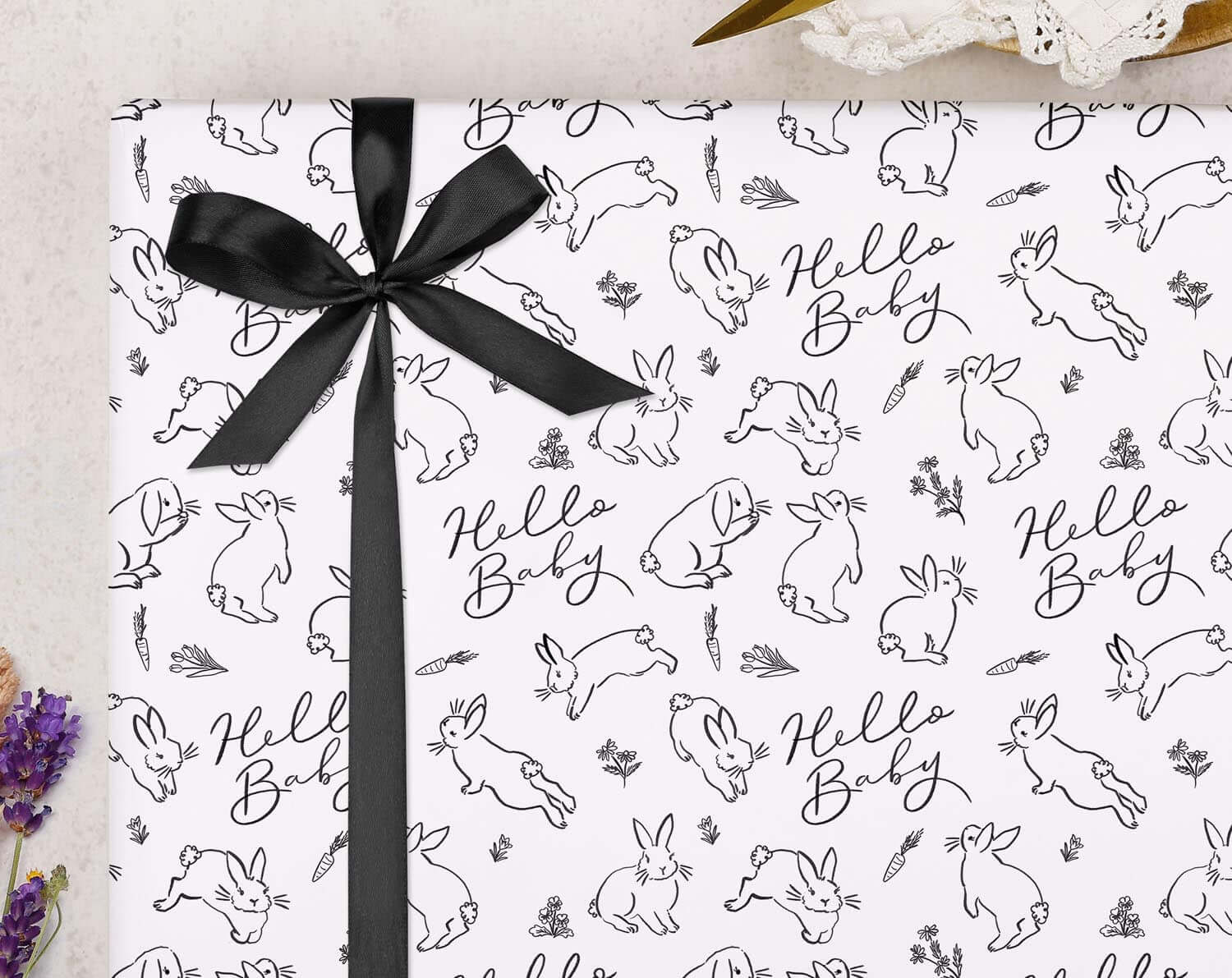 White & Black Baby Shower Bunny Wrapping Paper. Wrapping Paper designed by Making Meadows