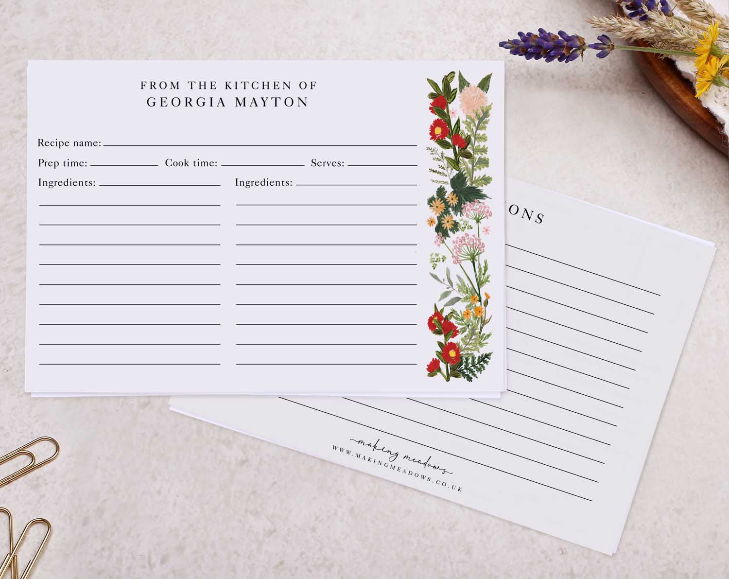 Wild Flowers Recipe Cards featuring hand-painted florals on a sturdy card for personal recipe customization.