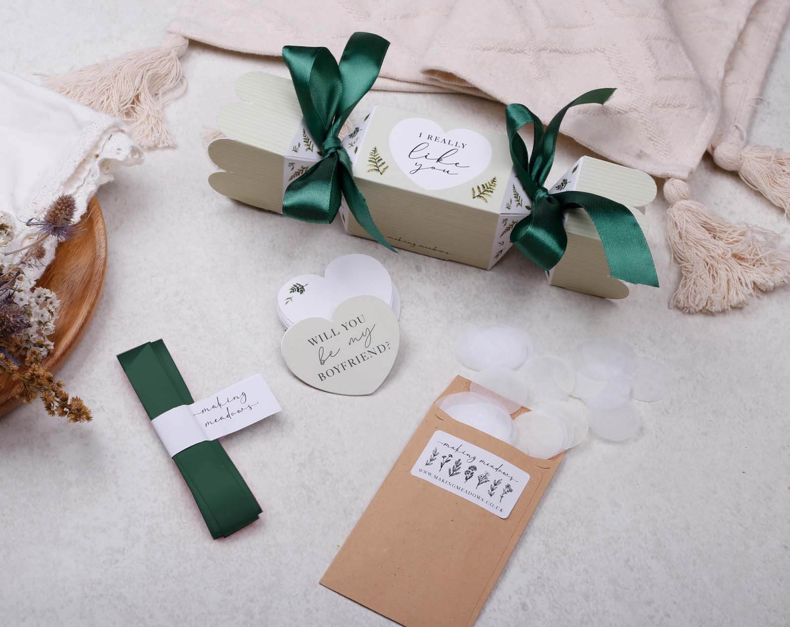 Will You Be My Boyfriend Surprise Botanical Cracker. Stationery designed by Making Meadows