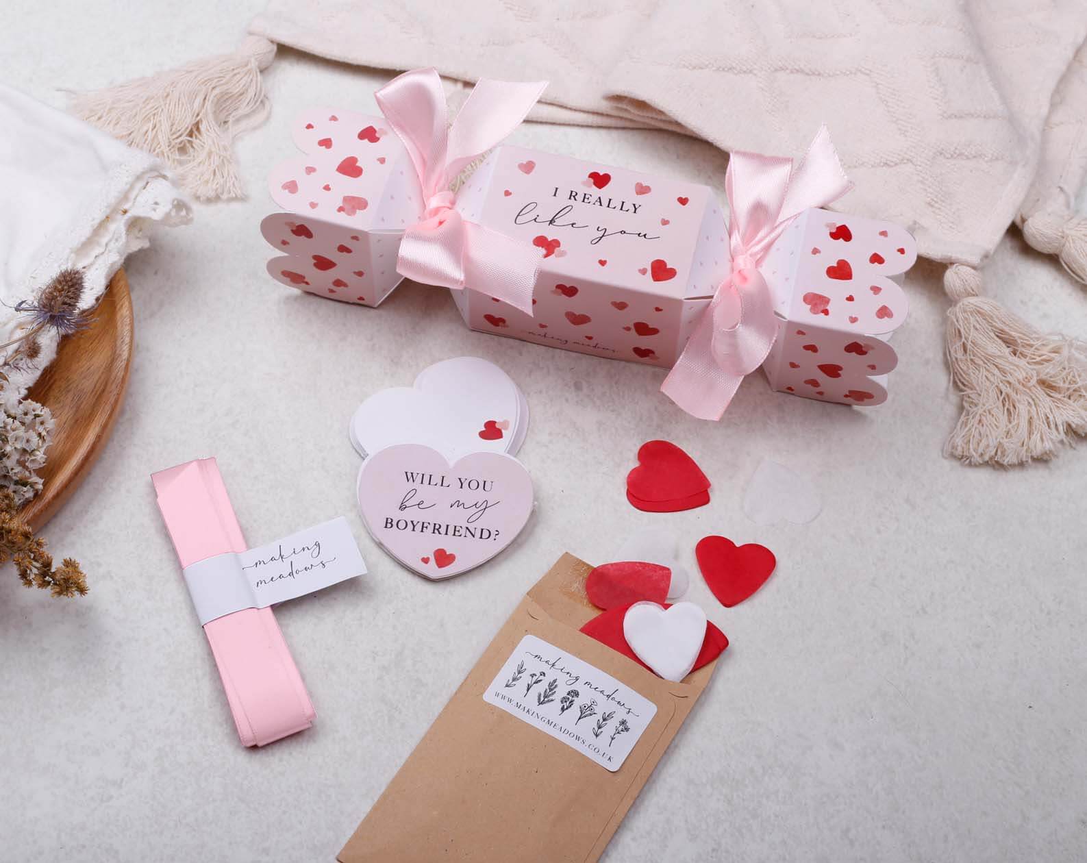 Will You Be My Boyfriend Surprise Pink Cracker. Stationery designed by Making Meadows