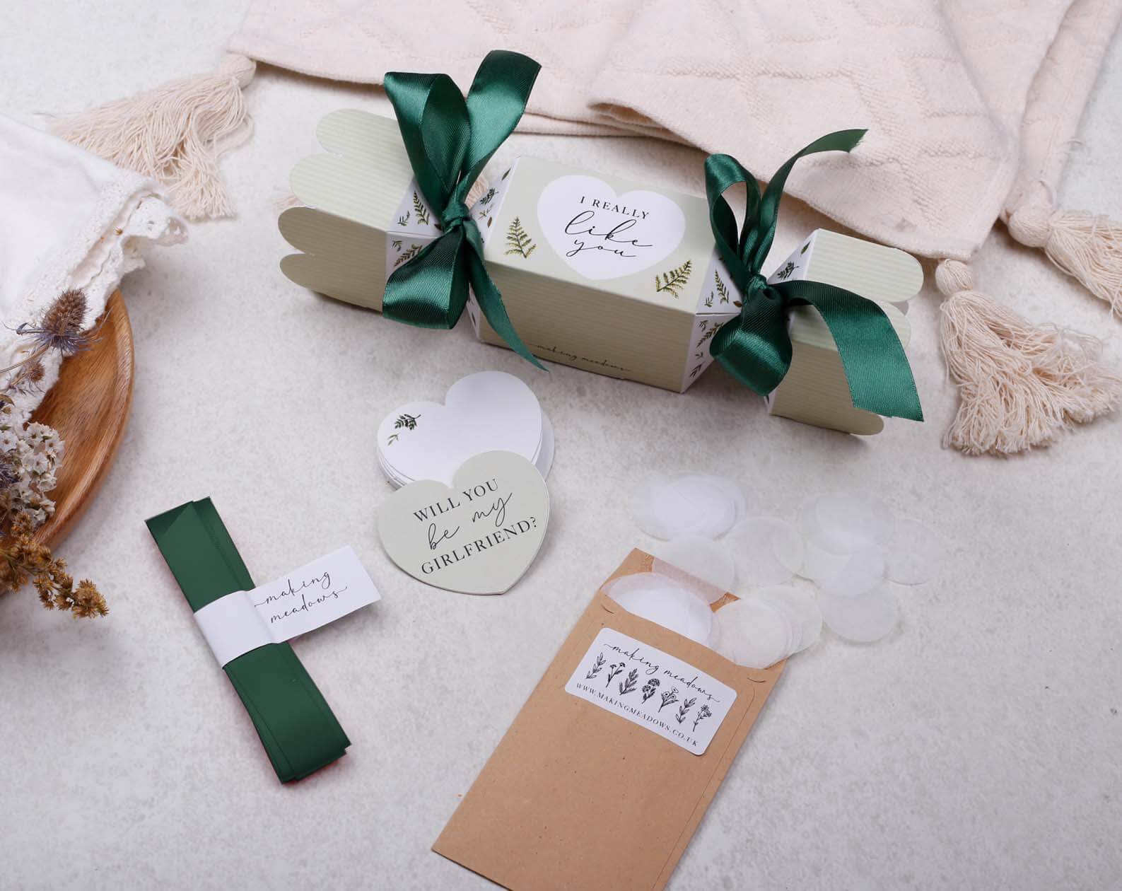 Will You Be My Girlfriend Surprise Botanical Cracker. Stationery designed by Making Meadows