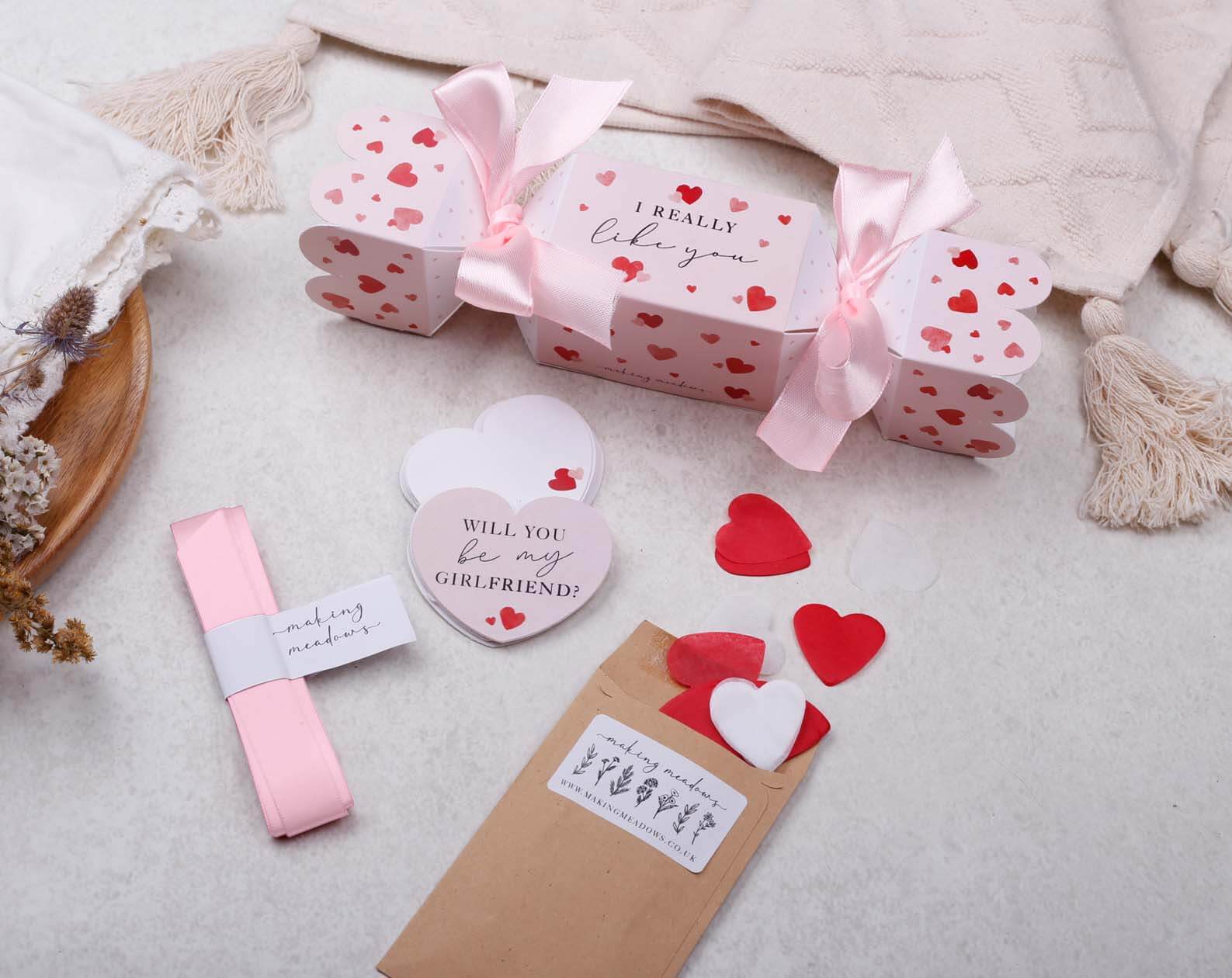 Will You Be My Girlfriend Surprise Pink Cracker. Stationery designed by Making Meadows
