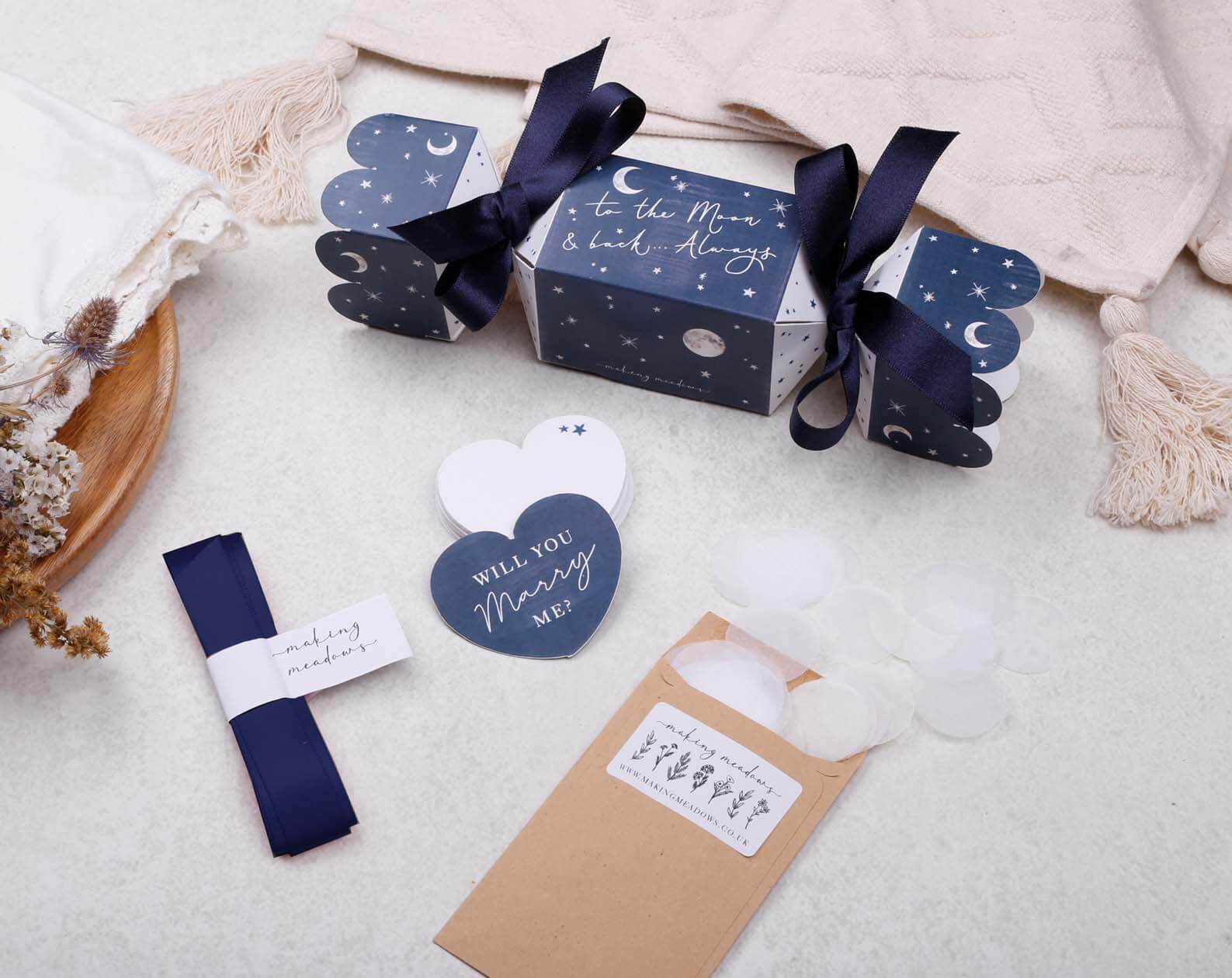 Will You Marry Me Surprise Navy Cracker. Stationery designed by Making Meadows